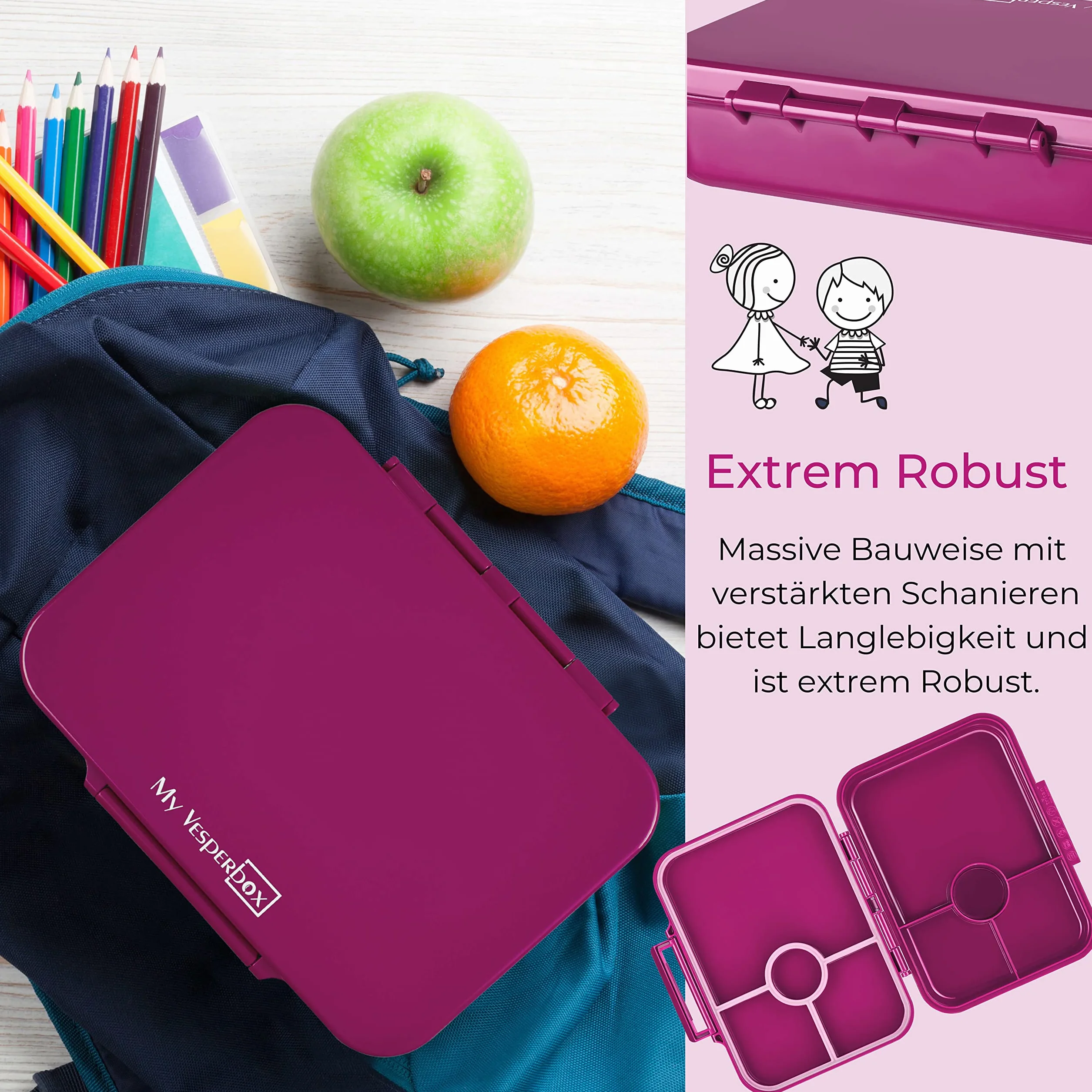 My Vesperbox Bia - Bento Box dla dzieci - nowość - wzmocnione zamknięcia - szczelne i wolne od BPA - bardzo wytrzymałe - pudełko na lunch - idealne do przedszkola i szkoły (fioletowe)