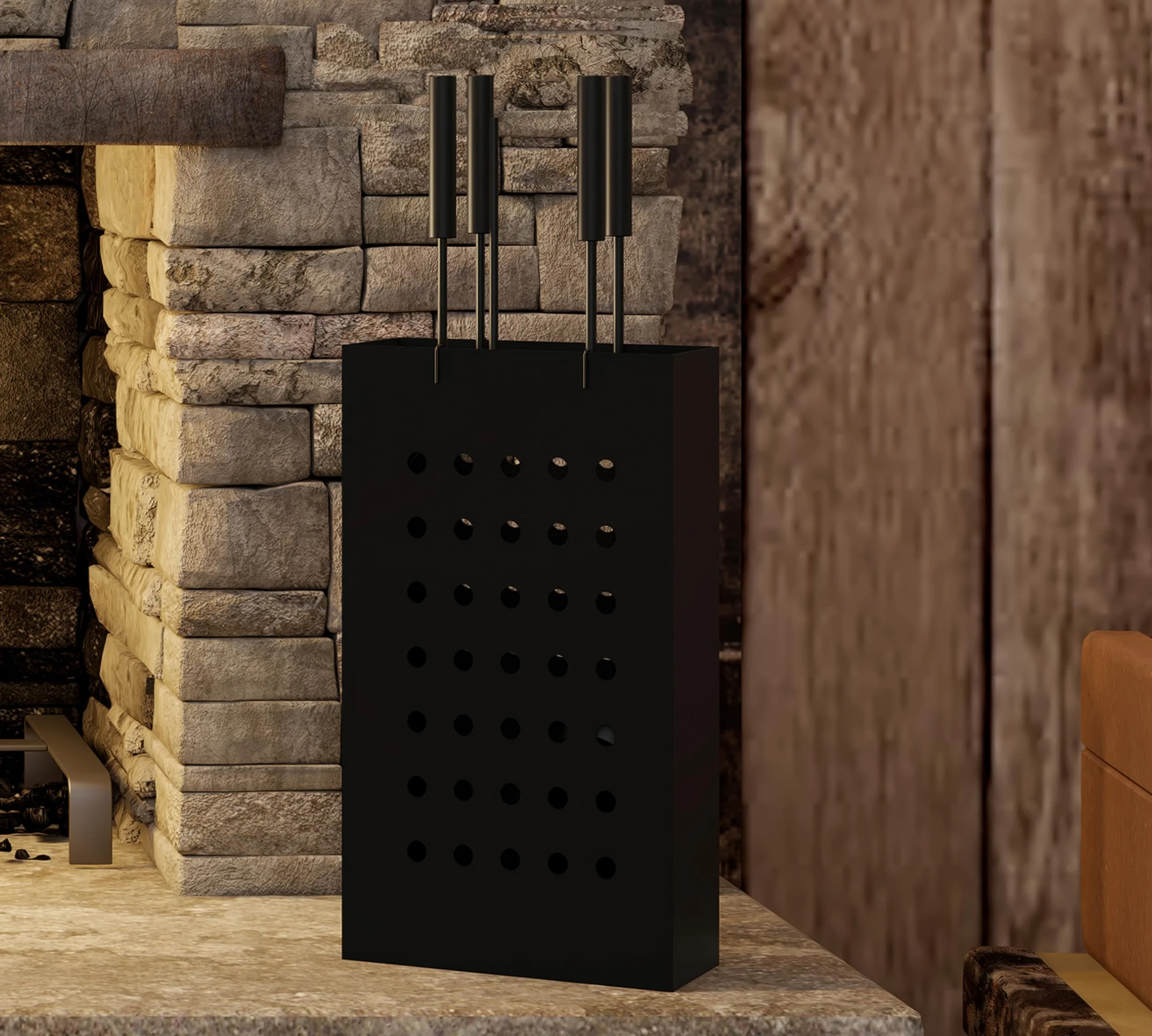 Kingson Zestaw kominkowy Black Iron z prostokątnym wiadrem na popiół, 4 narzędzia do zawieszania (poker, szczotka, łopata, szczypce), kompaktowy zestaw narzędzi kominkowych do palników na drewno