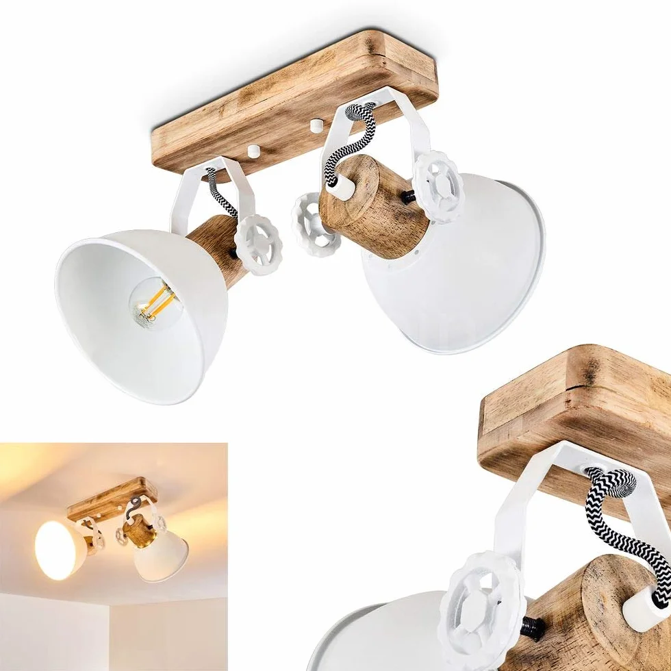 Lampa sufitowa Orny, 2 płomienna, z regulowanymi reflektorami, lampa sufitowa z metalu/drewna w kolorze białym/brązowym, 2 x gniazdo E27, reflektor w stylu retro/vintage, bez żarówek
