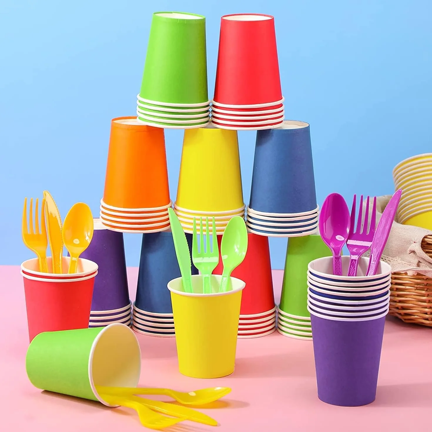 60 sztuk papierowych kubków, 250 ml, wielokolorowe kubki imprezowe, biodegradowalne, jednorazowe kubki na wesele, dla dzieci, DIY, na imprezę, do kawy, herbaty, gorących i zimnych napojów,