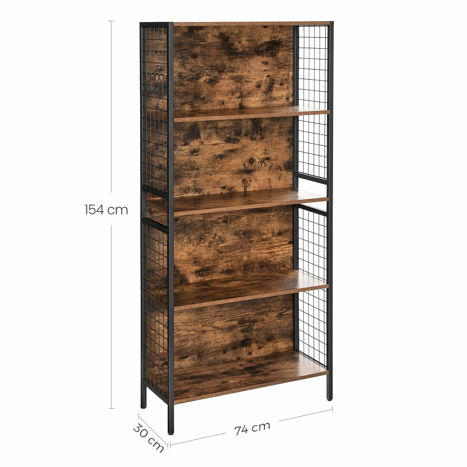 VASAGLE Regał na książki, 5-poziomowy regał na książki, regał z 4 haczykami, 30 x 74 x 154 cm, do biura, gabinetu, salonu, sypialni, rustykalny brąz i czarny atrament LBC023B01