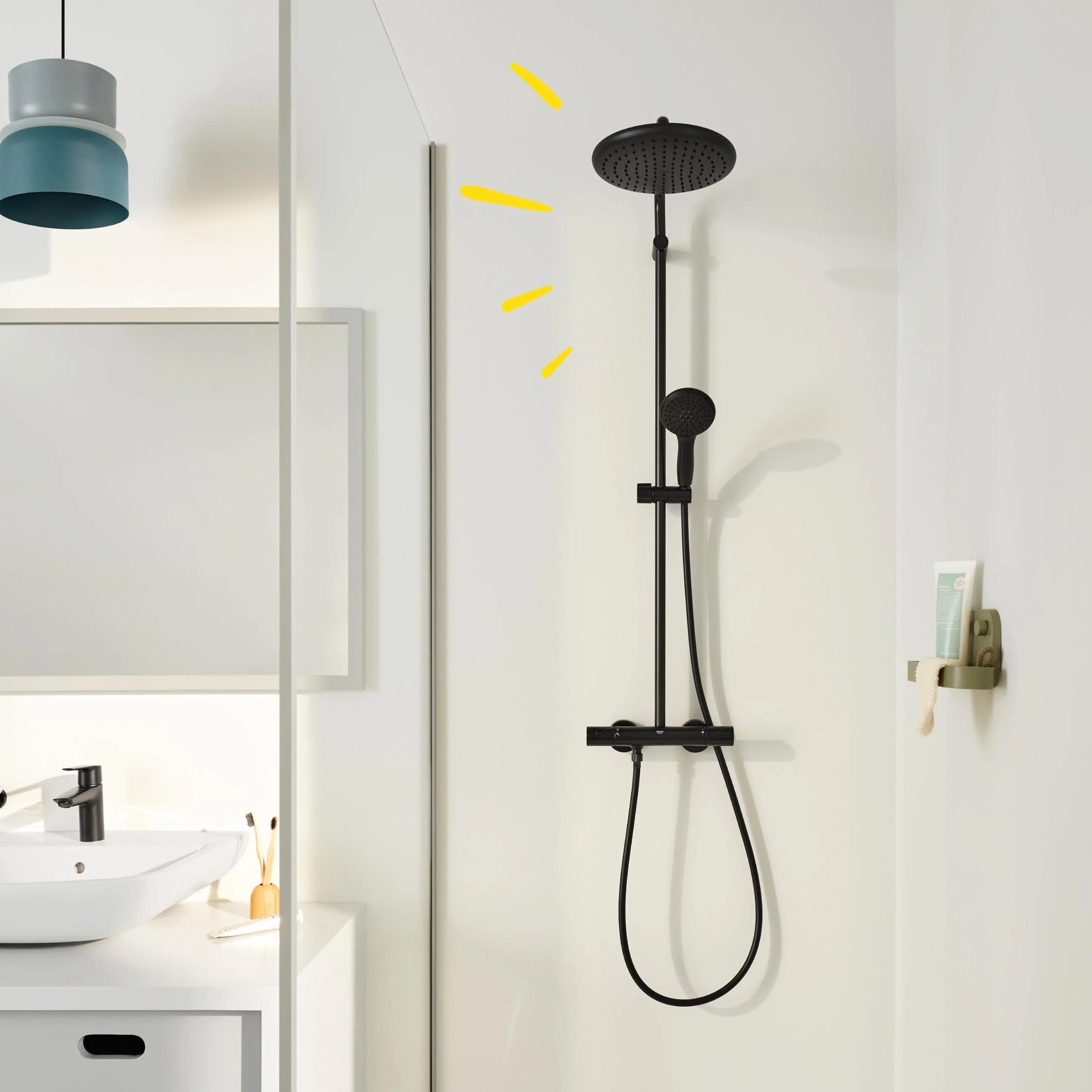 Grohe Vitalio 250 266772431 system prysznicowy oszczędzający wodę 8 l na min (2 rodzaje strumienia, obrotowe ramię prysznicowe, blokada bezpieczeństwa przy temperaturze 38C, system zapobiegający