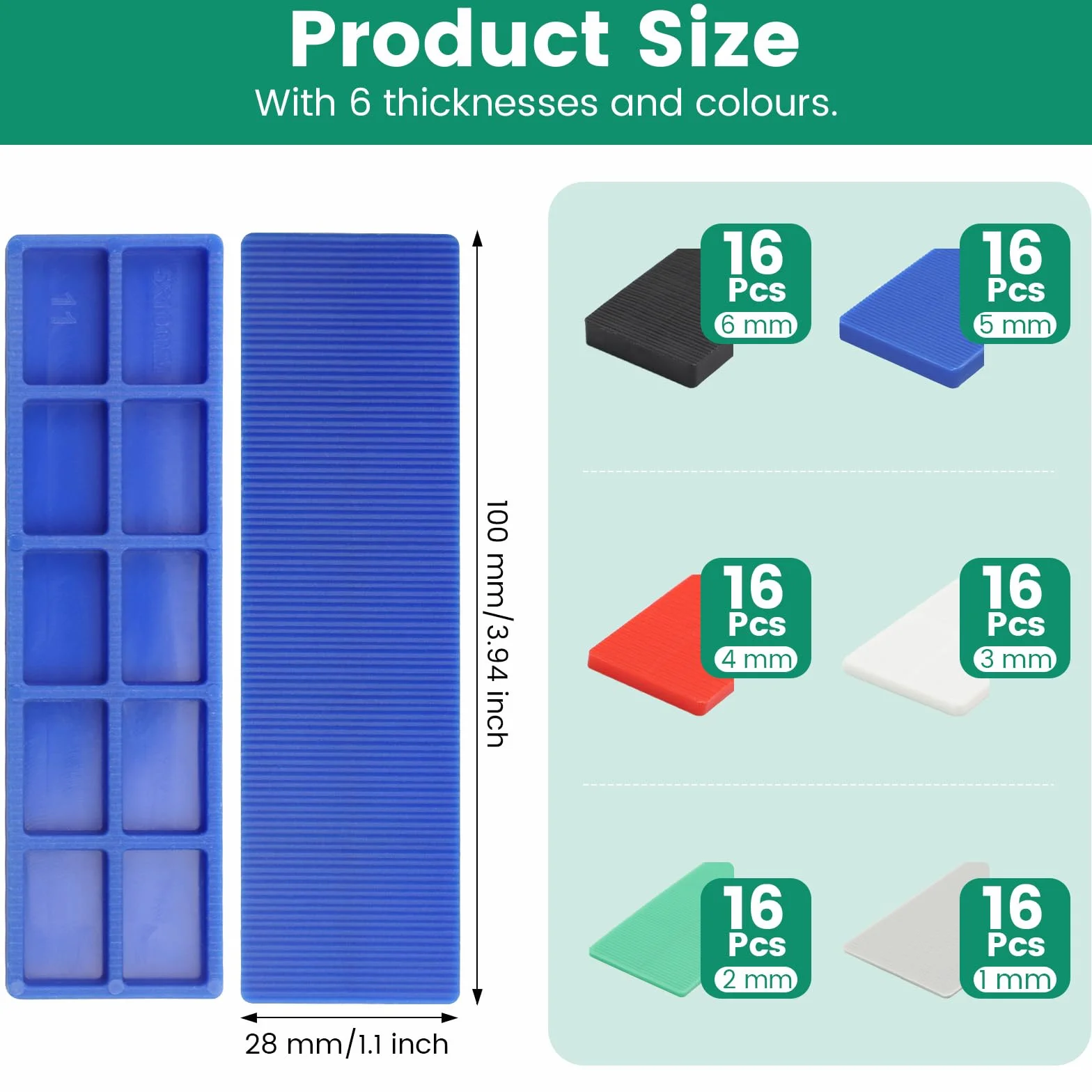 96 sztuk podkładek z tworzywa sztucznego, 100 x 28 mm x 1-6 mm, podkładki dystansowe z tworzywa sztucznego, podkładki dystansowe do montażu okien, układania płytek, wielokolorowe
