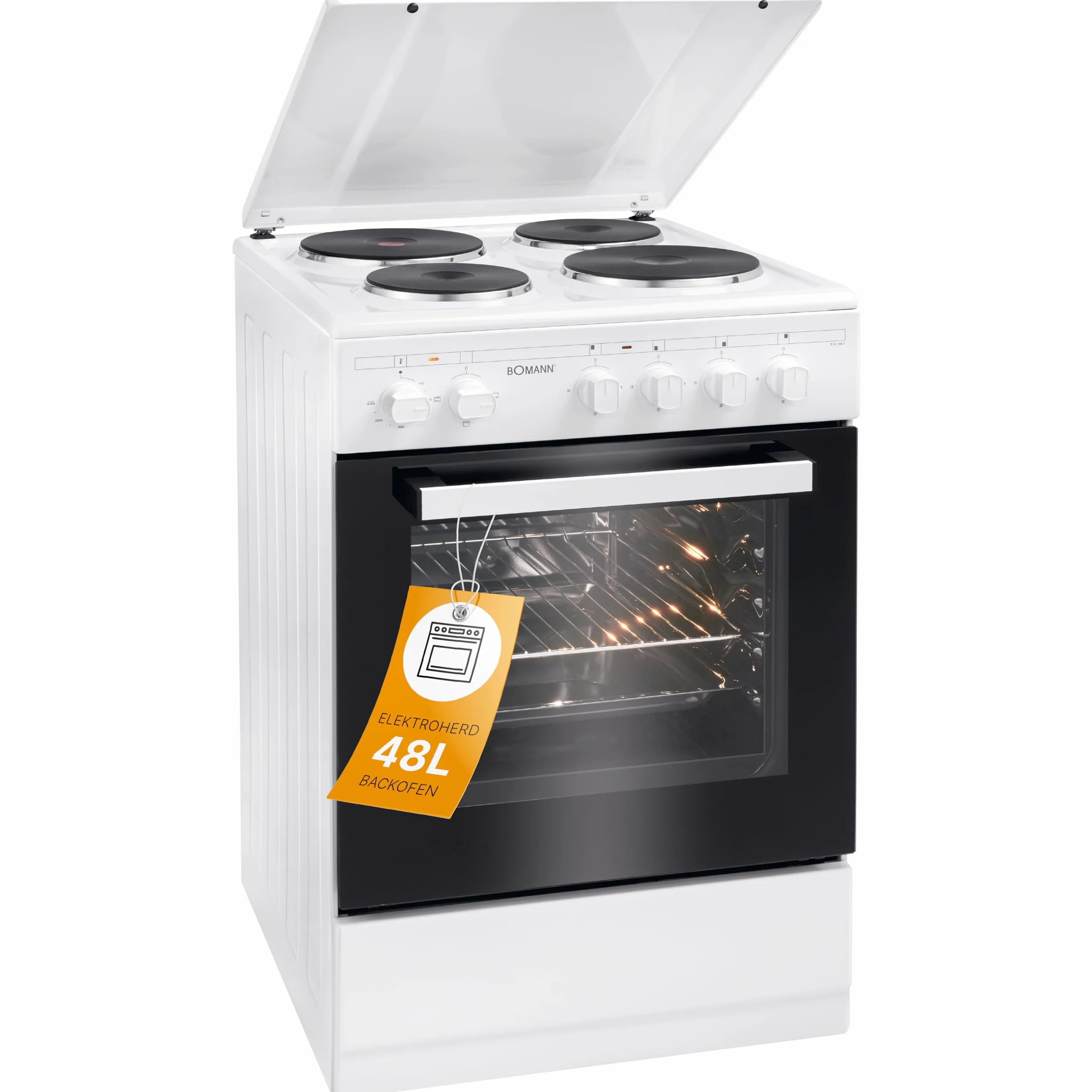 Bomann® Piekarnik 50 cm z kuchenką | kuchenka elektryczna wolnostojąca, 50 cm, z 4 palnikami, kuchenka stojąca z piekarnikiem 48 l, grzanie górne/dolne, 40°C – 240 °C, w zestawie blacha i ruszt do