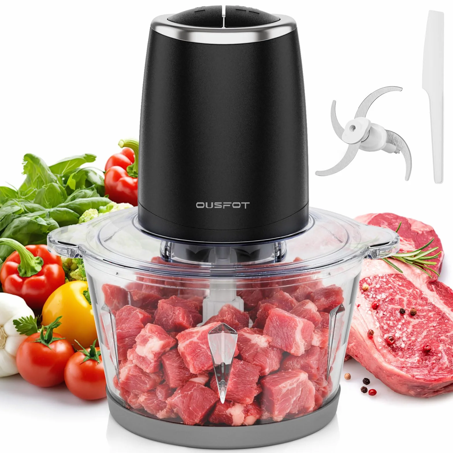 OUSFOT Elektryczny Siekacz do Zywności, 1,8L blender,500W Siekacz,Mini Elektryczny ze Szklaną Miską do Warzyw,Owoców,Mięsa,Kuchni