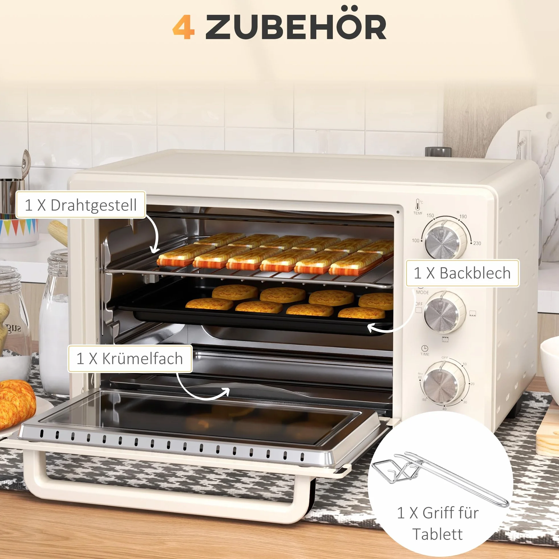 HOMCOM Mini piekarnik 21 l, 1400 W, 100-230°C, timer 60 min, blacha do pieczenia, ruszt do grillowania, pizza, kremowy biały