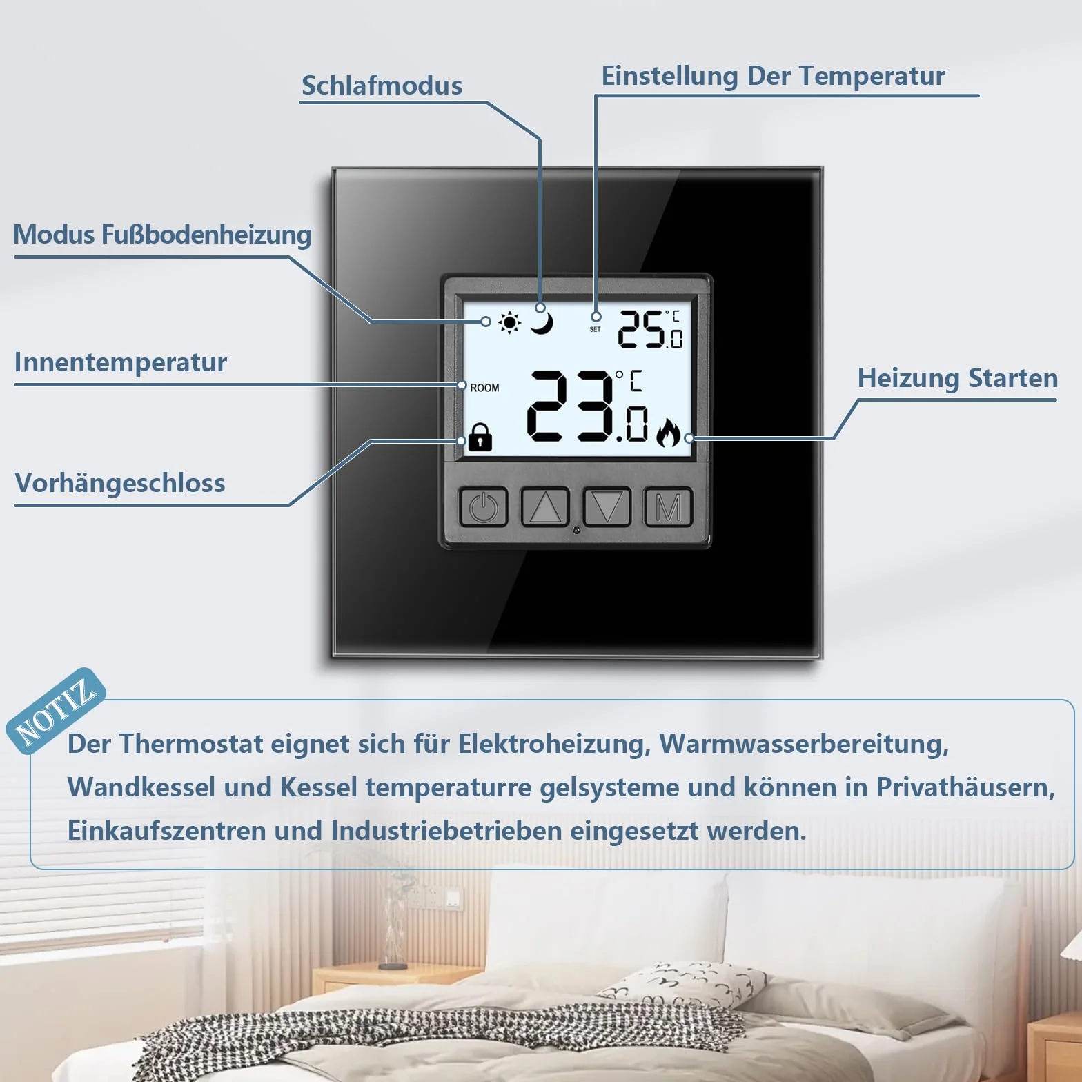 CNBINGO Termostat do ogrzewania podłogowego, termostat pokojowy, cyfrowy podtynkowy do kotła na wodę, termostat, ogrzewanie, termostat ścienny ze szklaną ramą, czarny