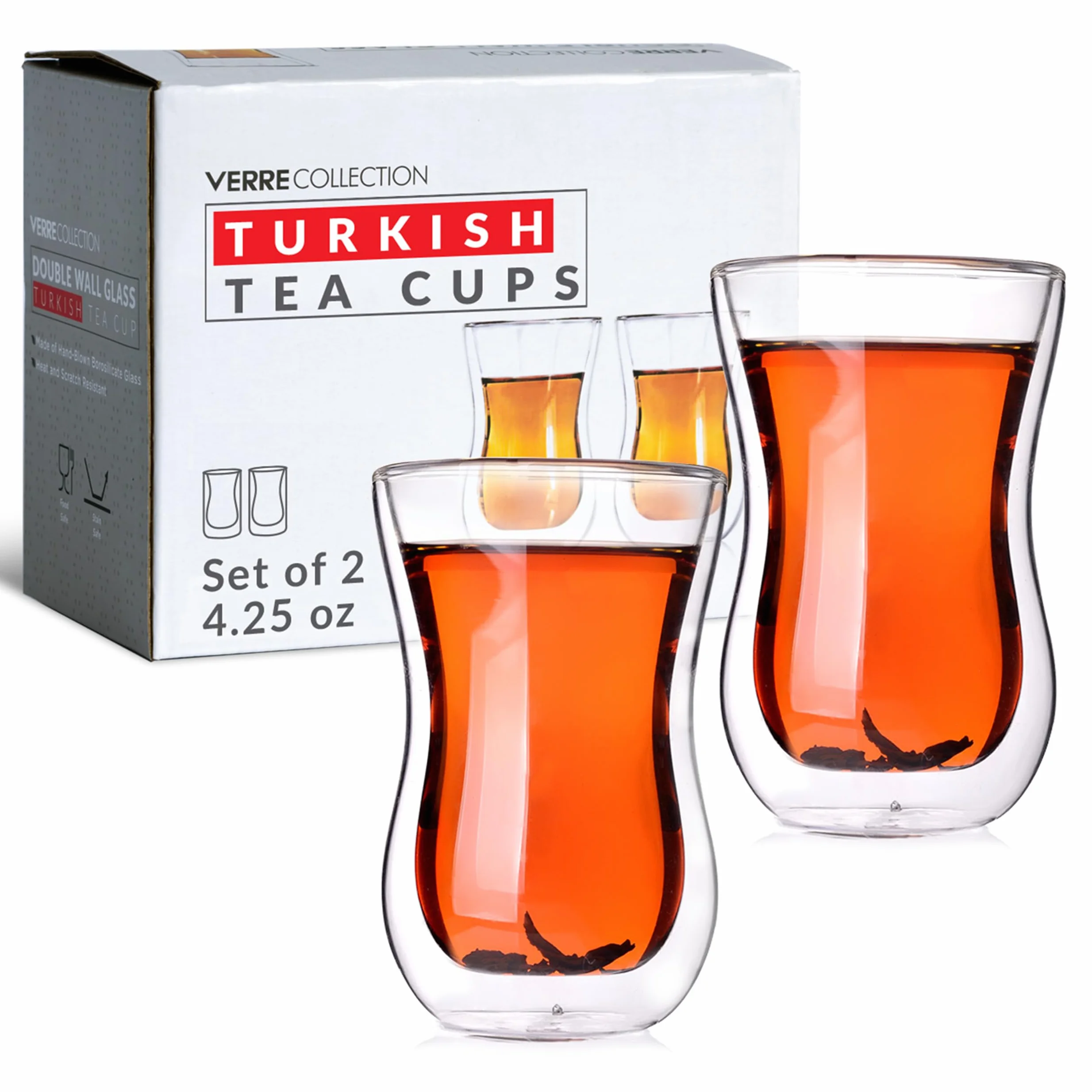Verre Collection Tureckie kubki do herbaty, podwójne ścianki, 120 ml, zestaw 2 szt., turecki zestaw do herbaty, izolowane, szklane kubki do herbaty, odporne na wysokie temperatury