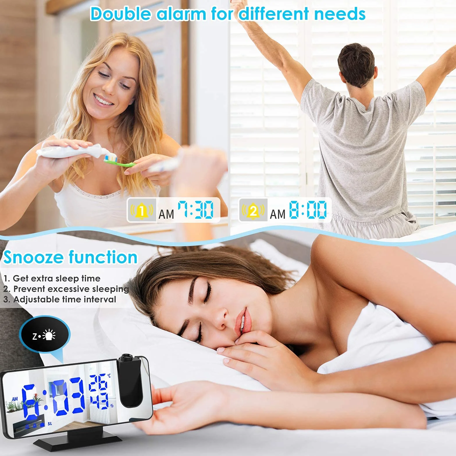 TAKRINK budzik cyfrowy z projekcją, 4 poziomy jasności, podwójny alarm 12/24 h, port USB