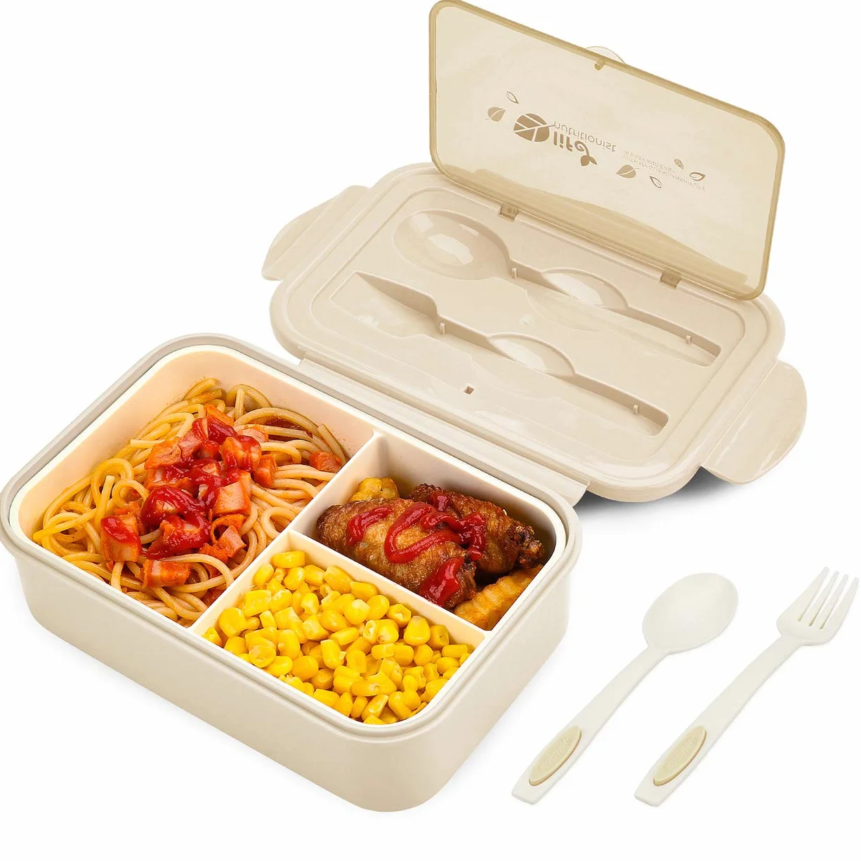 BIBURY Lunch Box, plastikowe pudełko na lunch dla dzieci dorosłych, pudełko na lunch z trzema przegródkami i sztućcami (widelec i łyżka), nie zawiera BPA, do mikrofalówki i zmywarki - Khaki