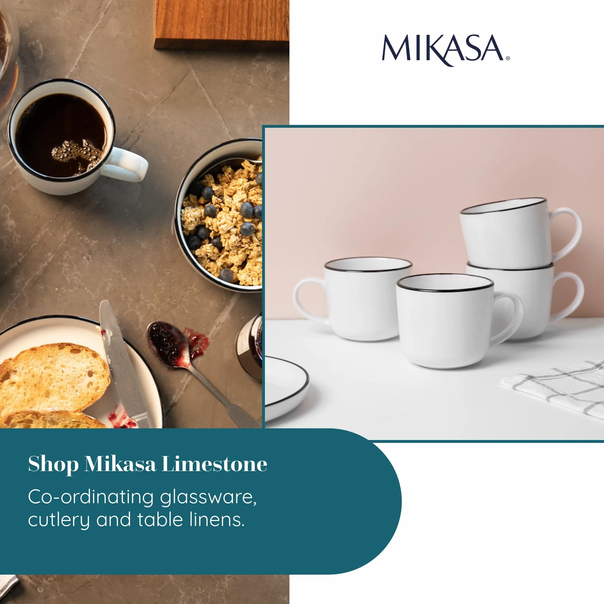 Mikasa Limestone Zestaw porcelanowych kubków 4x 360 ml czarna obwódka do kawy i herbaty