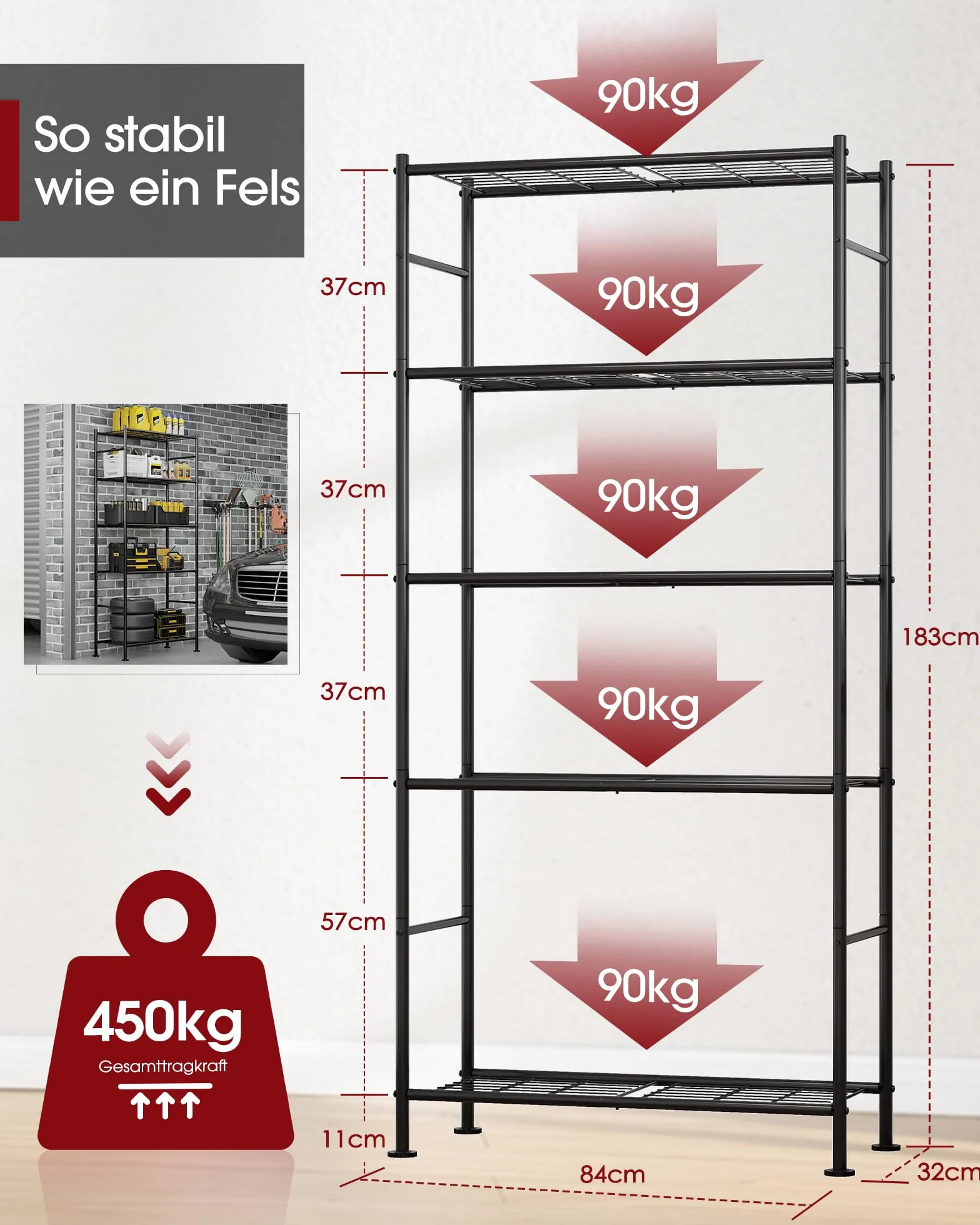 Sakugi Regał – 5-poziomowy regał stojący, stabilny regał do dużych obciążeń i regał kuchenny, regulowany regał metalowy do kuchni, spiżarni, garażu i pomieszczenia gospodarczego, 84 x 32 x 183 cm