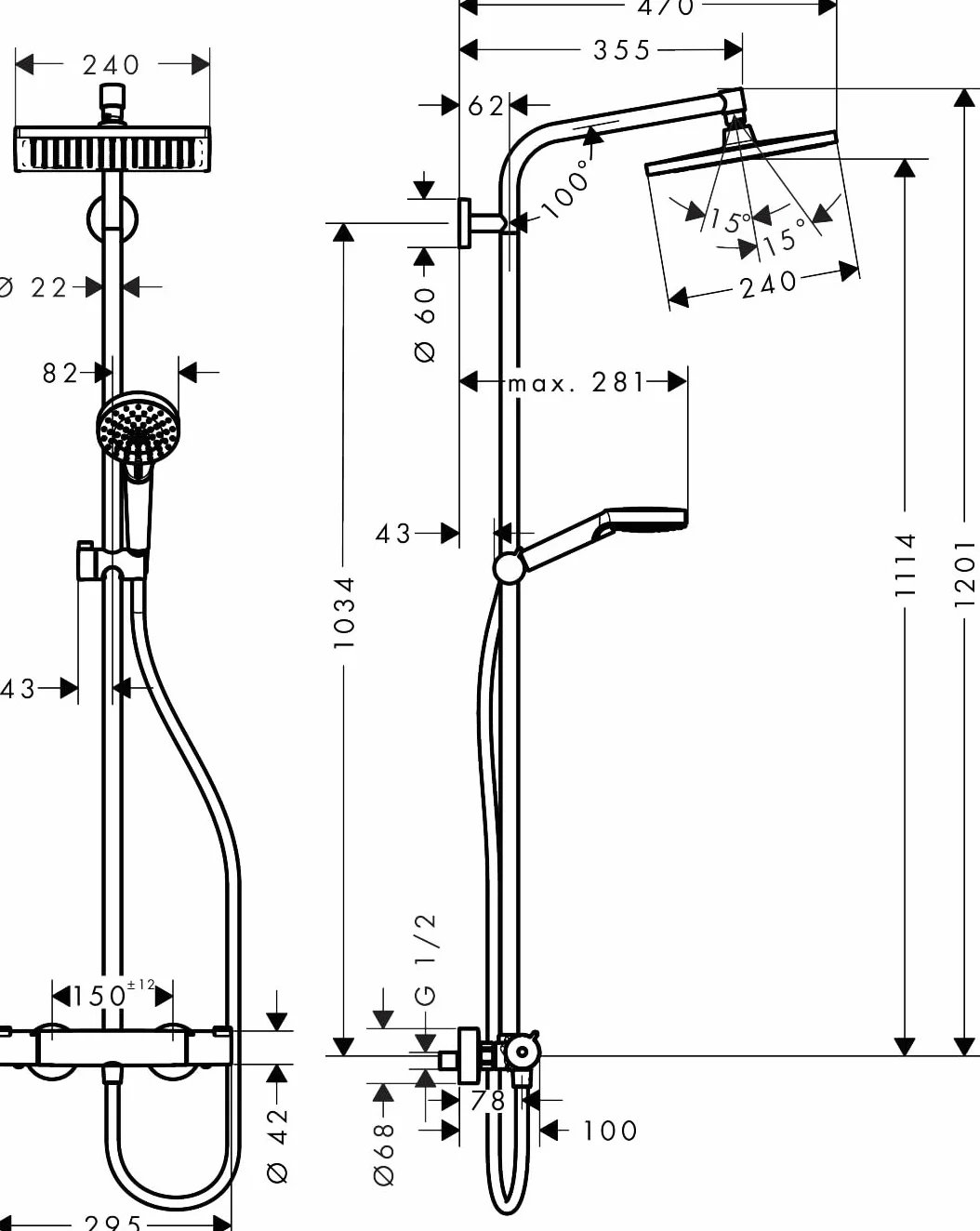 hansgrohe Crometta E - oszczędzający wodę komplet prysznicowy (EcoSmart) z termostatem, zestaw prysznicowy z główką prysznicowa, wąż, szyna i deszczownica kwadratowa (240x240mm), chrom, 27281000