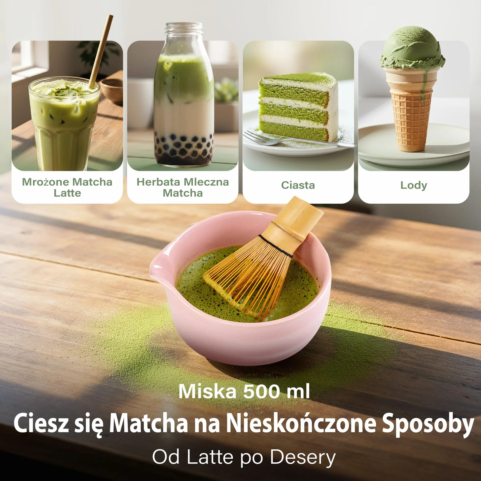 Comforder Zestaw do Herbaty Matcha z Ceramiczną Miseczką, Bambusową Trzepaczką i Podstawką, Różowy