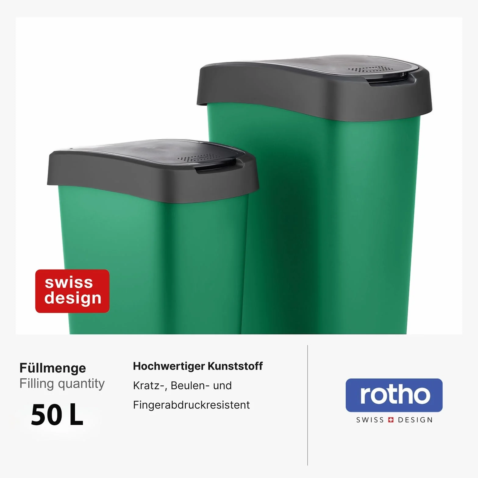 Rotho Twist Kosz na śmieci, 50 l, z pokrywką, tworzywo sztuczne (PP), nie zawiera BPA, zielony, 50 l (40,1 x 29,8 x 60,2 cm)