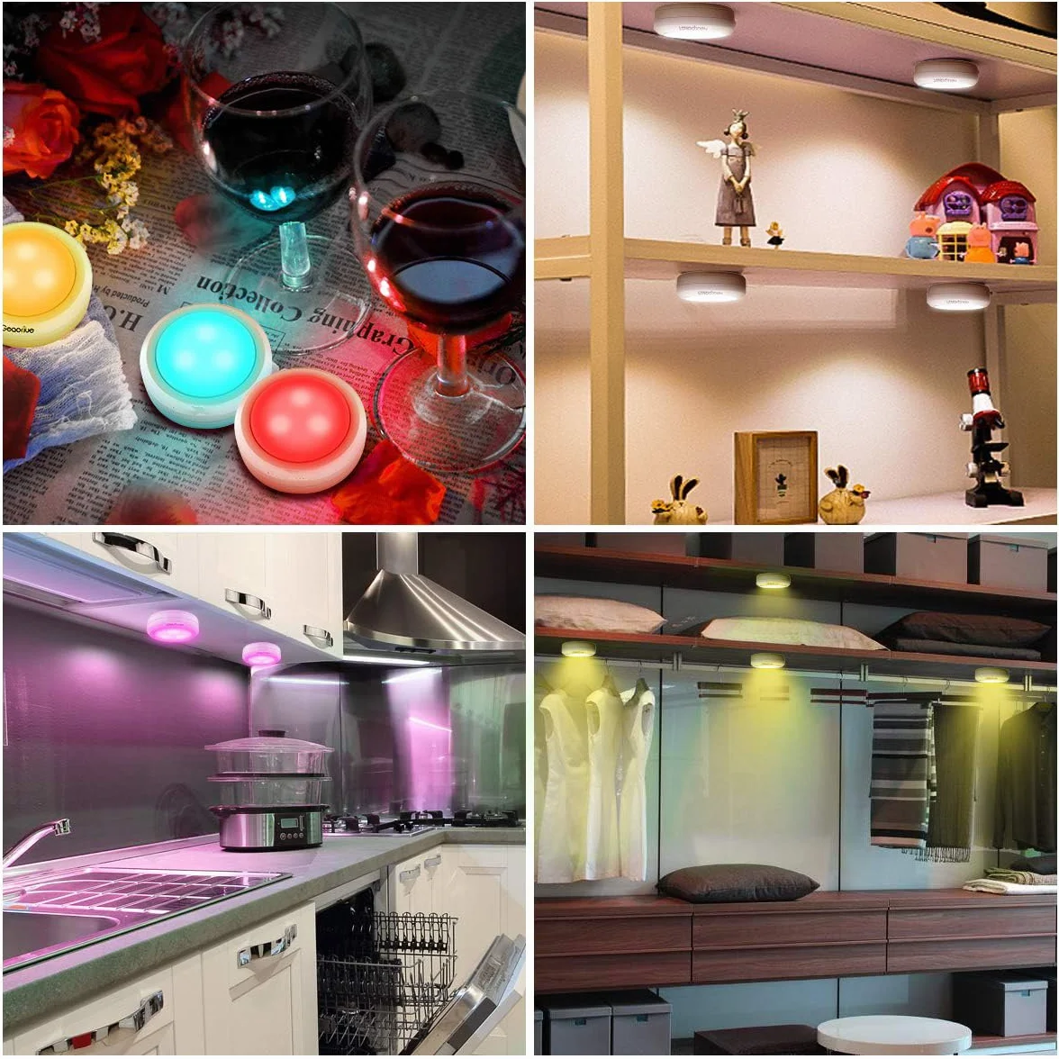 Światła krążkowe RGB, oświetlenie podszafkowe, bezprzewodowe światła LED, zasilane bateryjnie, oświetlenie podszafkowe, ściemniane, RGB lampka nocna z pilotem zdalnego sterowania, do szafki