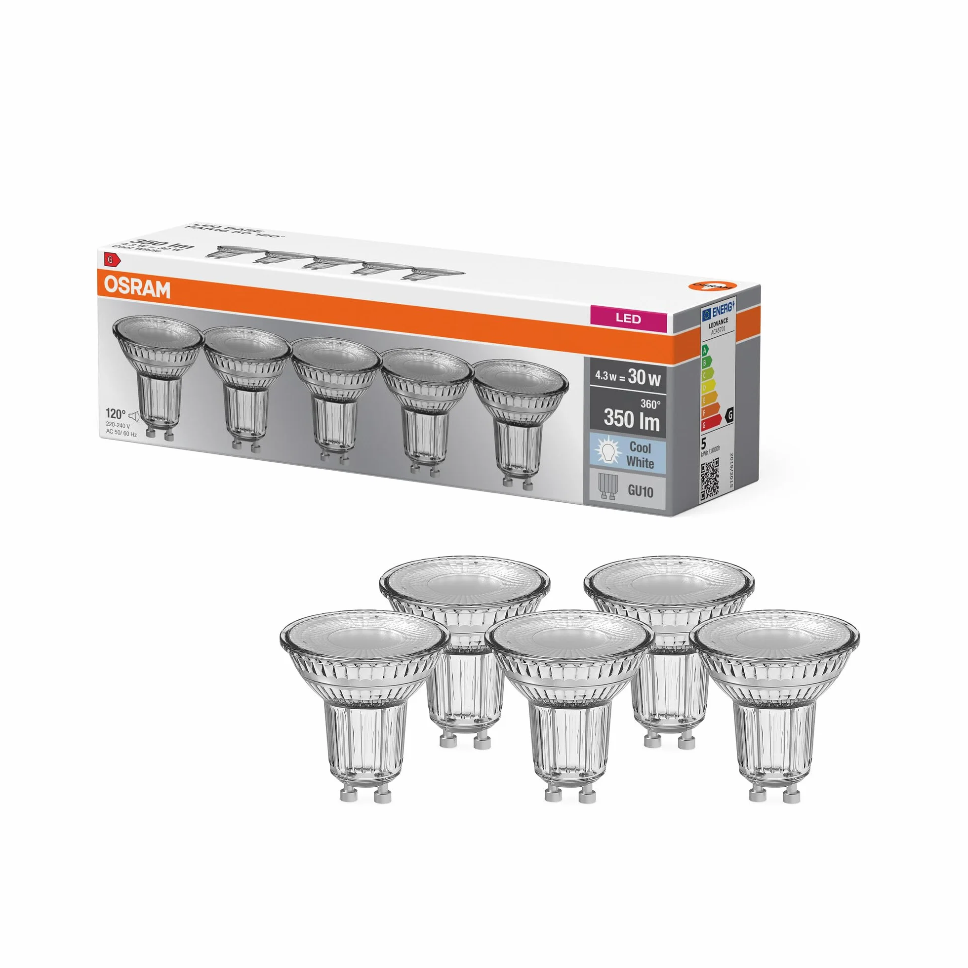 OSRAM LED BASE PAR16 50, reflektorowe lampy LED ze szkła do trzonka GU10, chłodna biel (4000K), zamiennik konwencjonalnych lamp punktowych 50W, opakowanie 5 sztuk