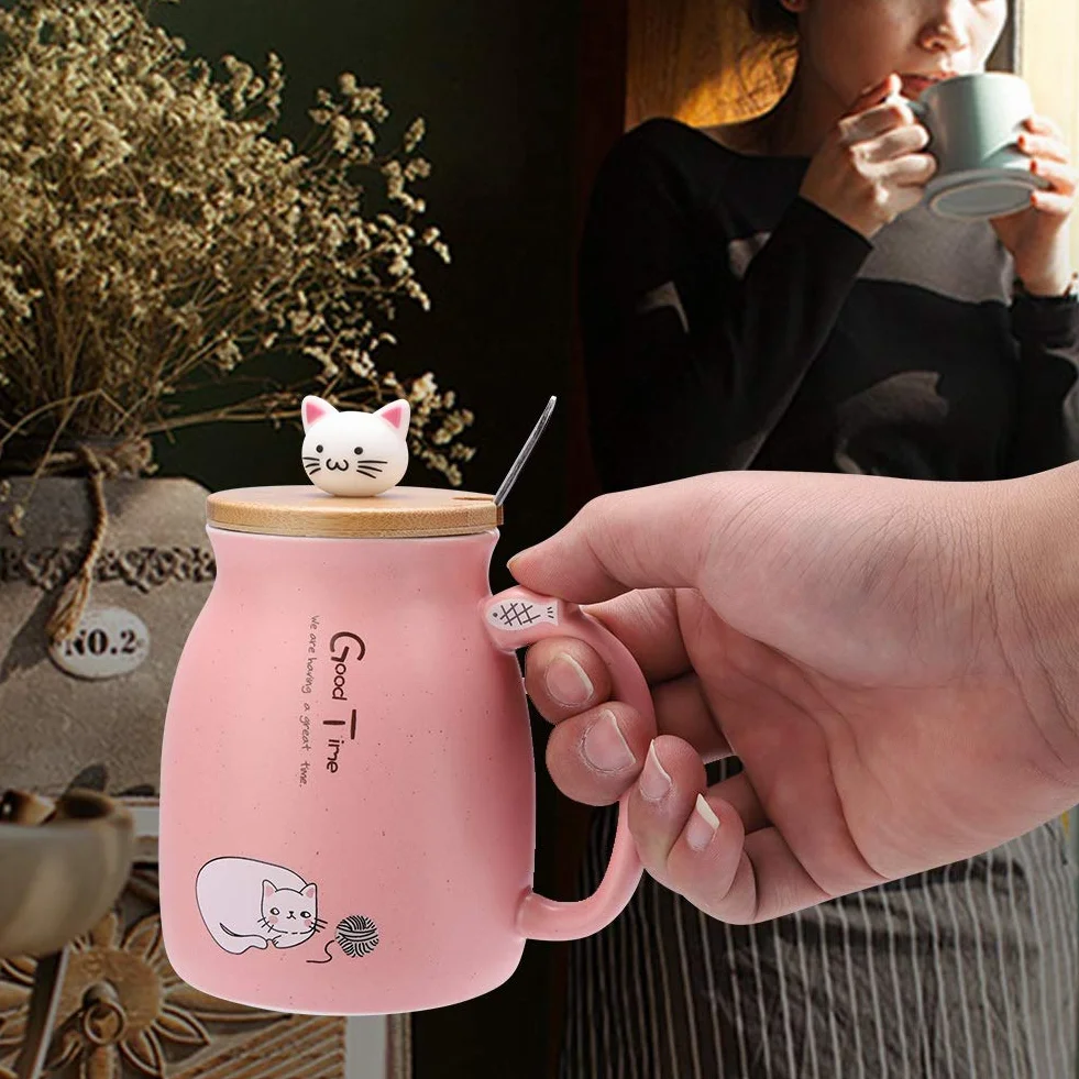 Kubek dla kota 420 ml śliczny ceramiczny kubek do kawy z pięknym kotkiem drewniana pokrywka łyżka ze stali nierdzewnej, poranna filiżanka herbata mleko świąteczny kubek(Pink)