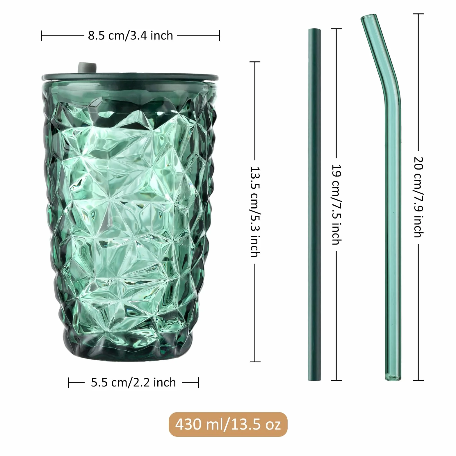 Joeyan Zielone kubki do picia 430 ml, z pokrywką i słomką, szklanka do herbaty bąbelkowej z diamentowym wzorem, szklanki do mrożonej kawy, smoothie, sok Boba, zestaw 2 szt., nadają się do mycia w