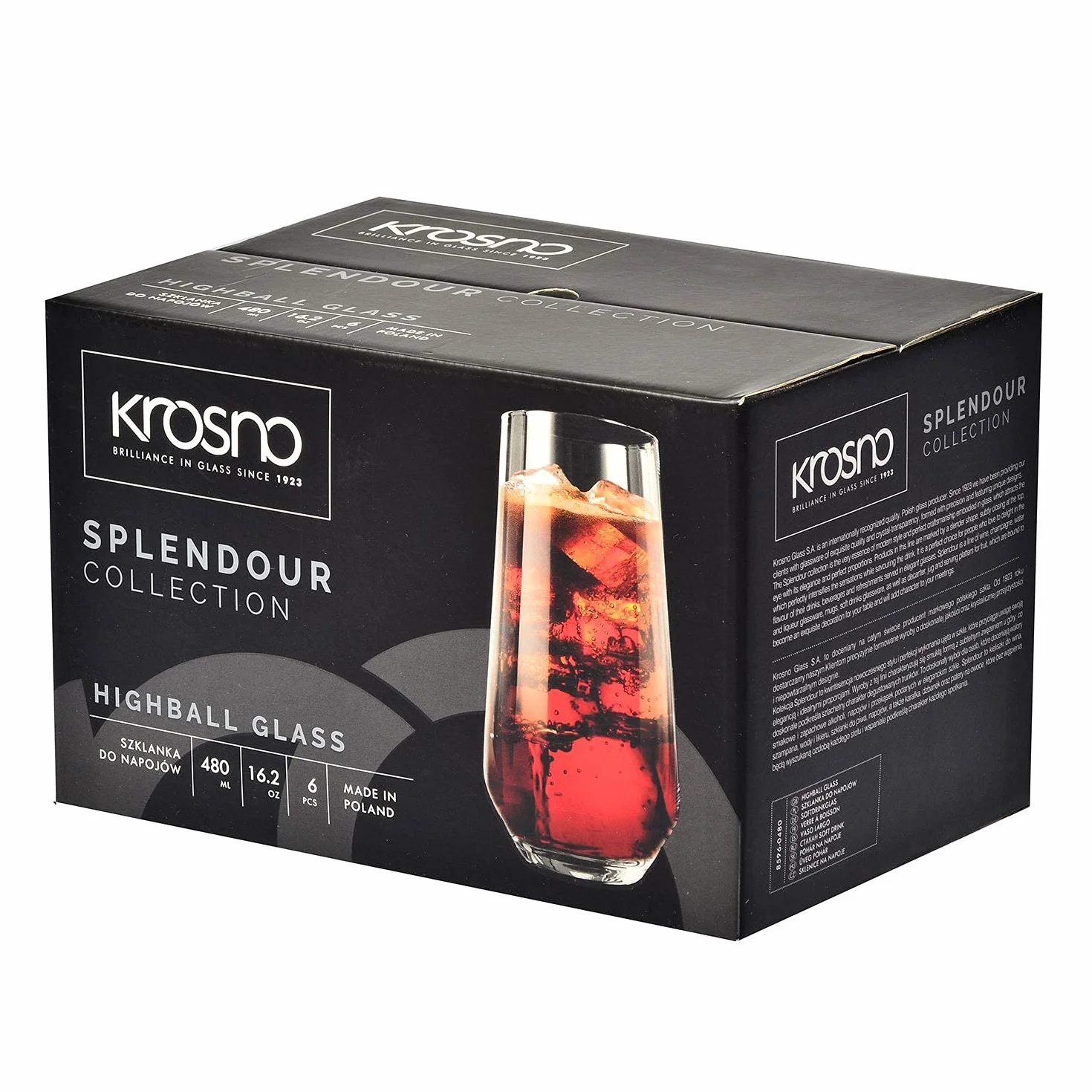 KROSNO Wysokie Szklanki do Wody, Soków i Innych Napojów | Zestaw 6 Szklanek | 480 Ml | Kolekcja Splendour | Idealne do Domu, Restauracji i na Przyjęcia | Można Myć w Zmywarce