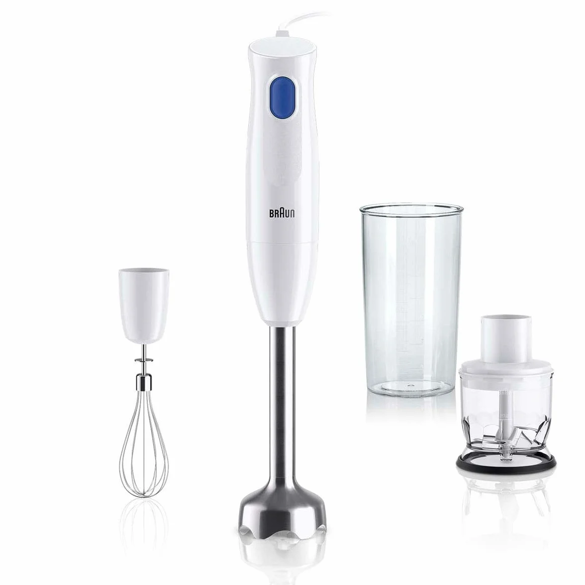 Braun MQ10.202M MultiQuick 1 blender ręczny – bardzo lekki blender z podstawą do mieszania ze stali nierdzewnej i systemem EasyTwist, w zestawie rozdrabniacz, trzepaczka i kubek do miksowania i miarki
