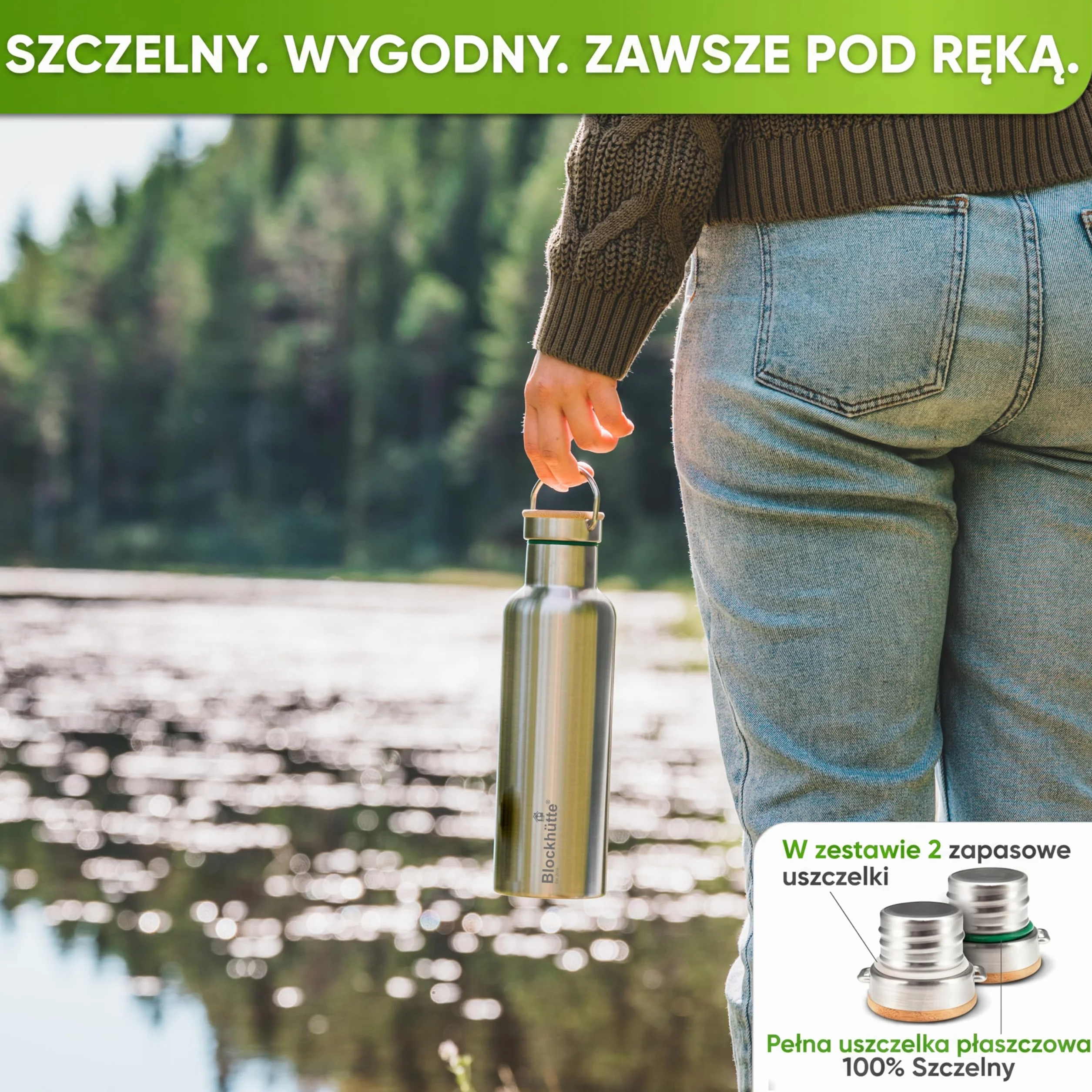 Blockhütte. Butelka na napoje, ze stali nierdzewnej, premium, izolowana, 750 ml, z ekologiczną szczotką do czyszczenia butelki, zabezpieczona przed wyciekiem, nadaje się do zmywarki, do sportu, bez bisfenolu A