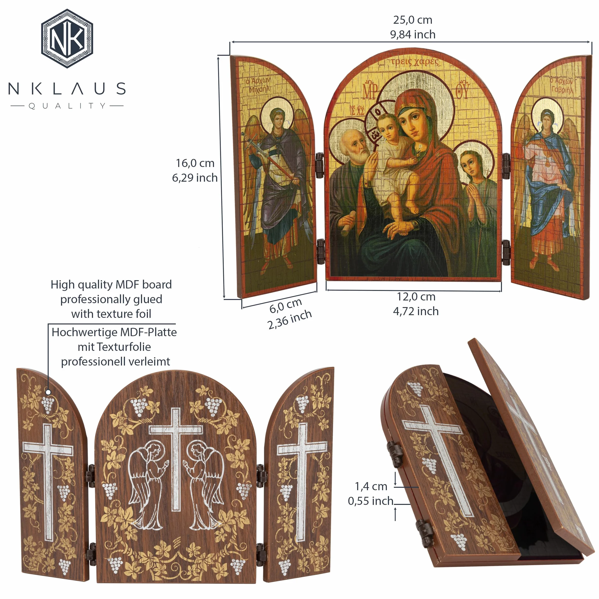 NKlaus Matka Boża trzech radości Ikona tryptyk drewno 25 x 16 cm Christian 13807