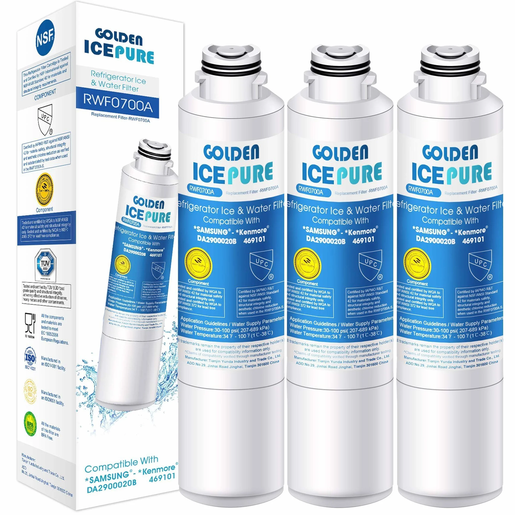 GOLDEN ICEPURE Filtr wody do lodówki Kompatybilny z Samsung DA29–00020B, DA29–00020 A, haf-cin/EXP, 46–9101 biały, 3 sztuki