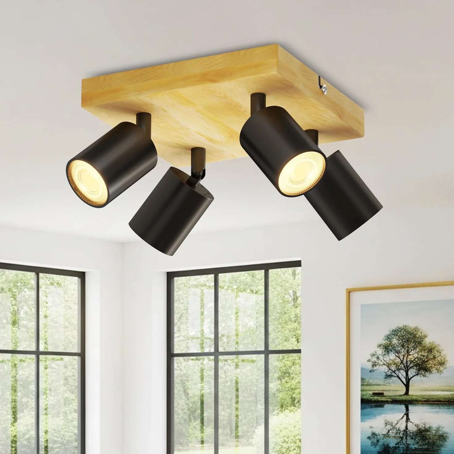 LVWIT Lampa sufitowa 4 reflektory LED GU10, czarne oświetlenie wewnętrzne, drewniana lampa sufitowa z kwadratową podstawą, reflektor sufitowy, żyrandol Led do salonu, kinkiet do sypialni (bez żarówek)