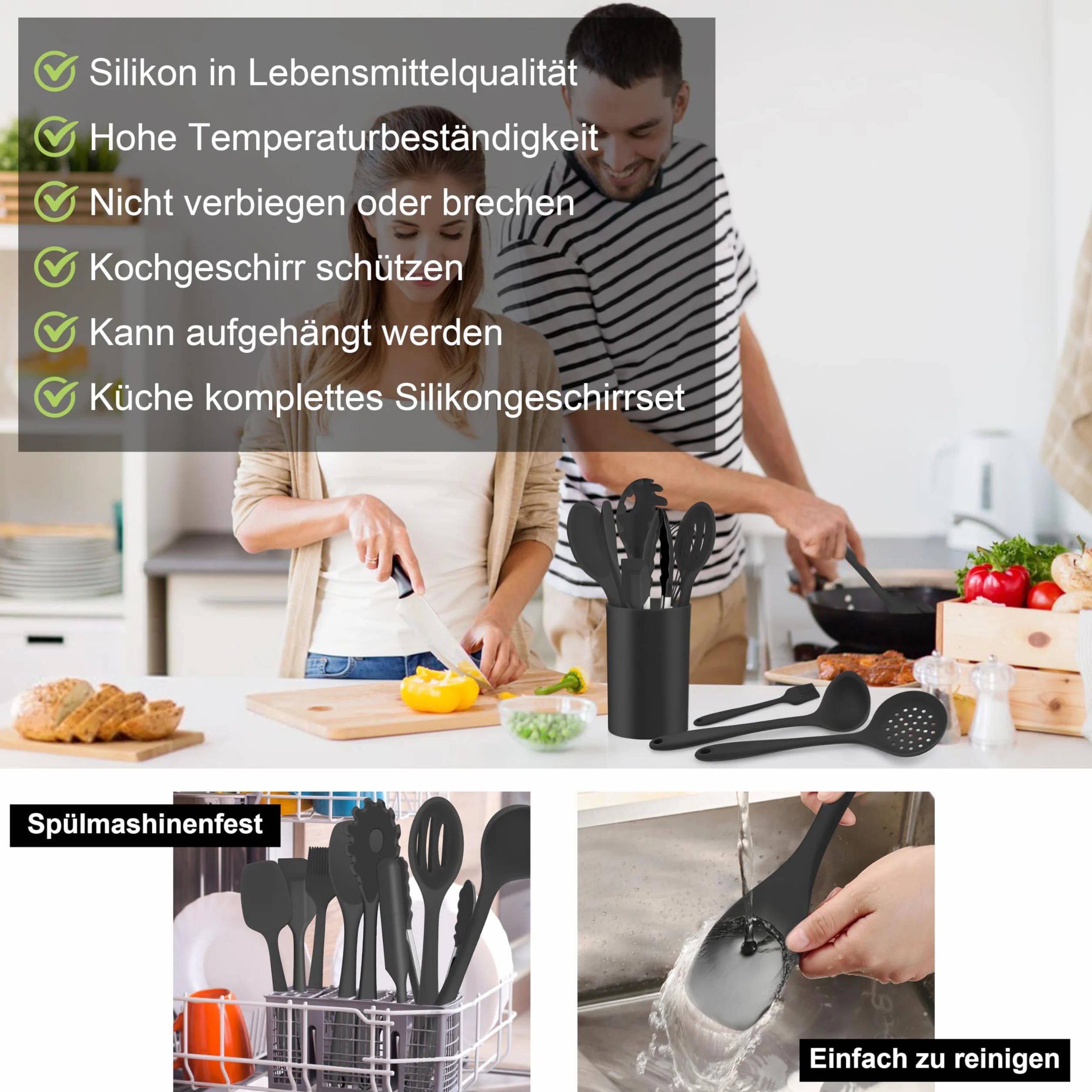 Joyfair 15 szt. silikonowych przyborów kuchennych, odporne na wysokie temperatury, z uchwytami na przybory kuchenne, nieprzywierające, nadaje się do mycia w zmywarce, czarne, 15 szt