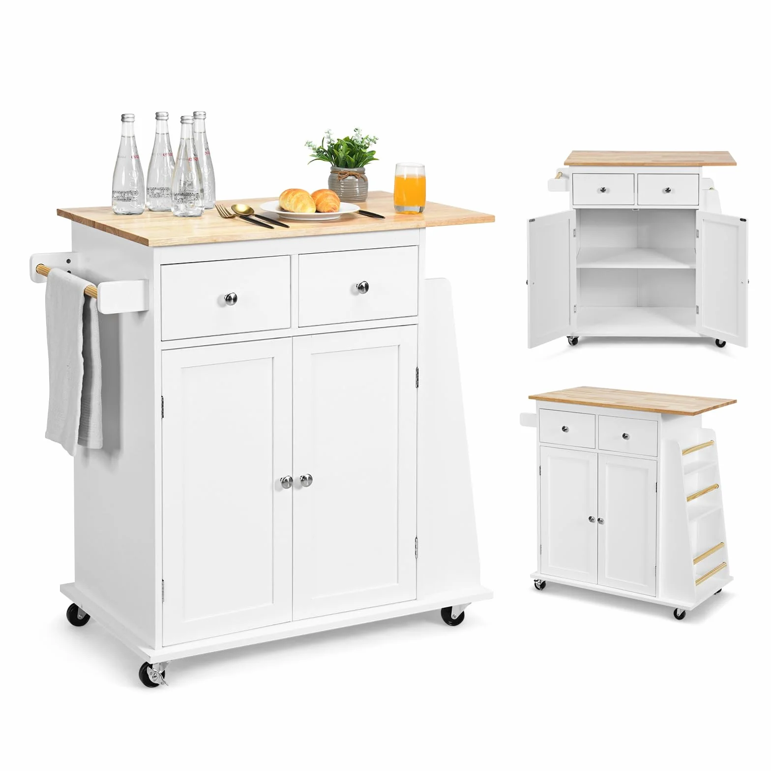 KOMFOTTEU Wózek kuchenny z blatem roboczym 80 x 45 cm, wyspa kuchenna na kółkach, szafka kuchenna z szufladami, regał na przyprawy, wózek kuchenny z litego drewna, do kuchni, jadalni (biały), QF54581