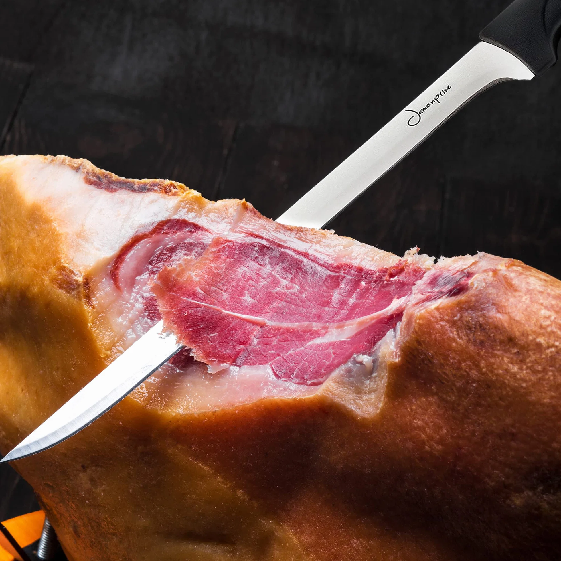 Nóż do Krojenia Szynki z Ostrzałką Stalową i Osłoną na Szynkę – Profesjonalny Zestaw do Krojenia Hiszpańskiej Szynki Serrano i Włoskiej Szynki Prosciutto
