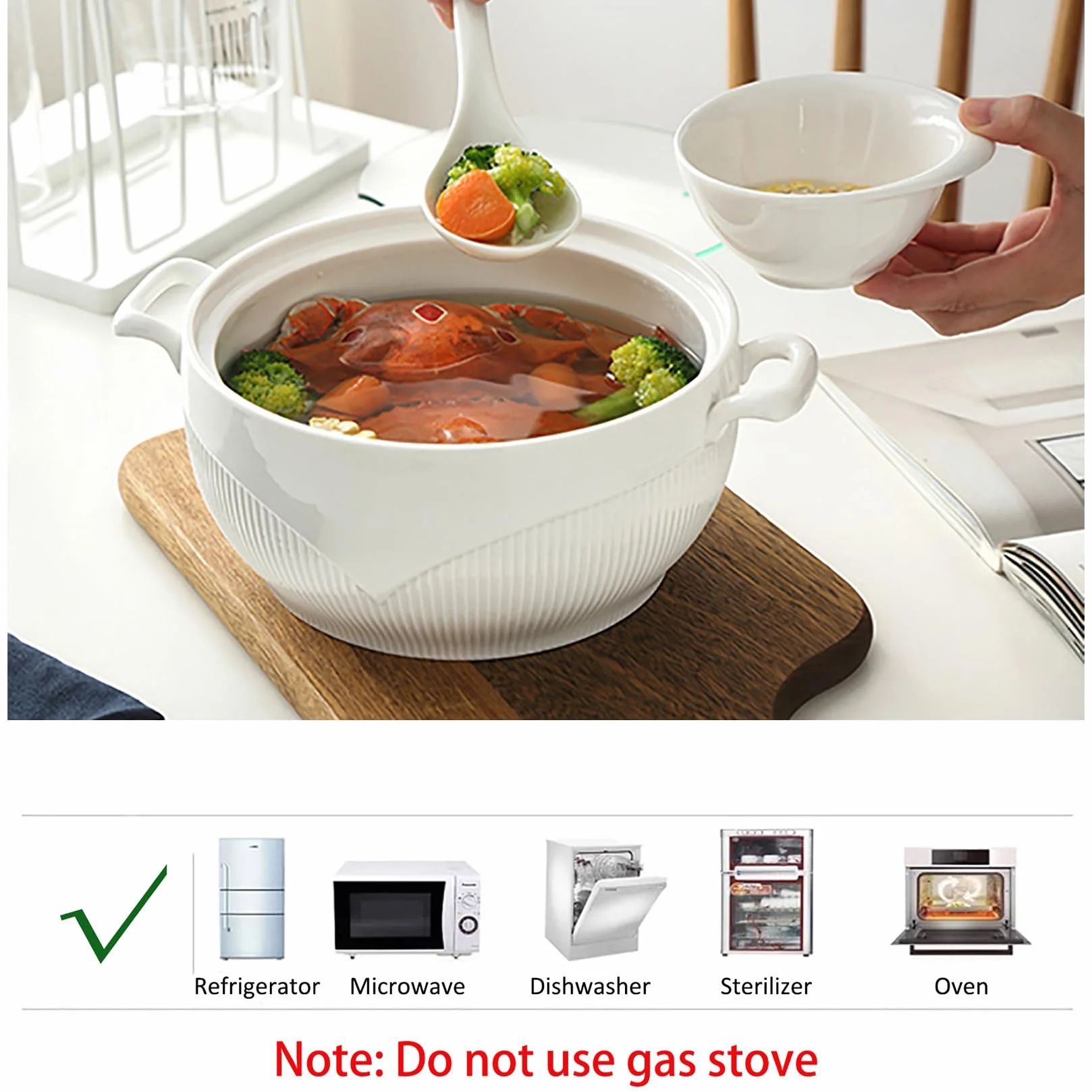 Biała waza z 2 uchwytami, porcelanowe wazaki z pokrywką i łyżką do kuchennej kuchenki mikrofalowej,White,L