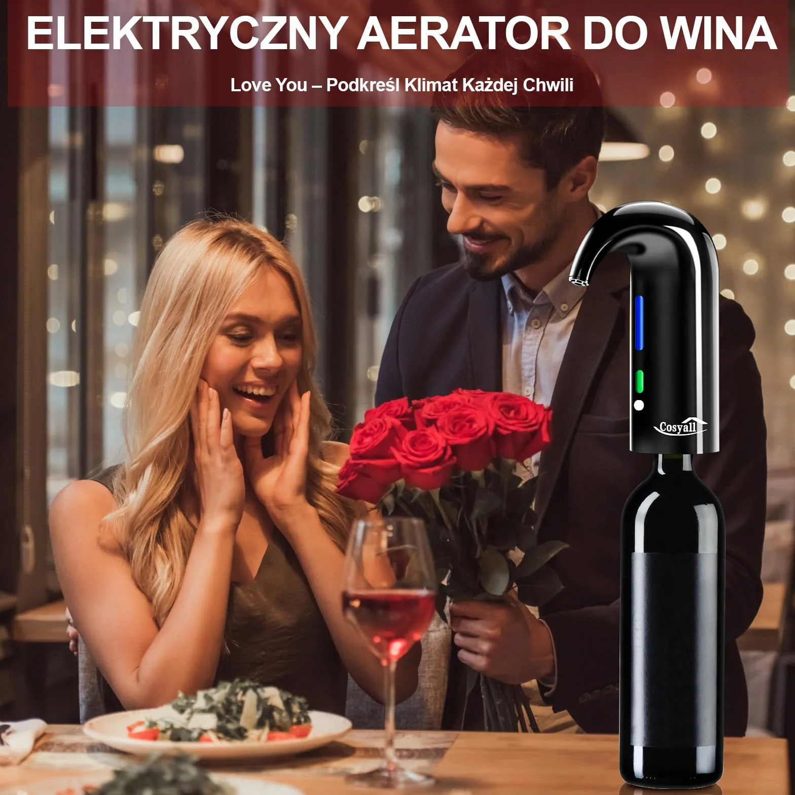 Elektryczny napowietrzacz do wina, inteligentny automatyczny dozownik wina, najlepsza karafka do wina dla rodziny i na imprezę (Czarna)