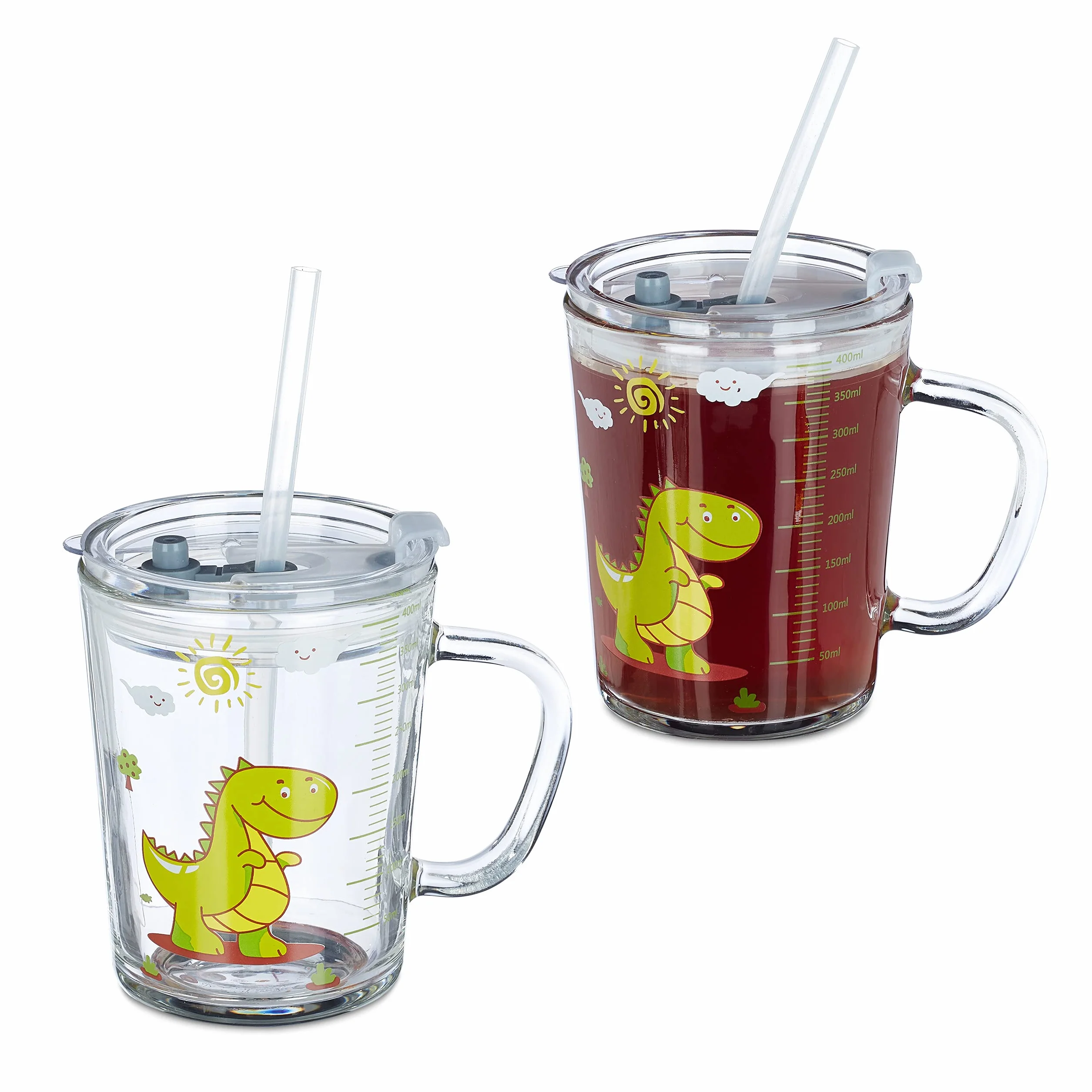 Relaxdays zestaw 2 szklanek ze słomkami, kubki na napoje z uchwytami, motyw dinozaura, 400 ml, ze skalą, przezroczysty