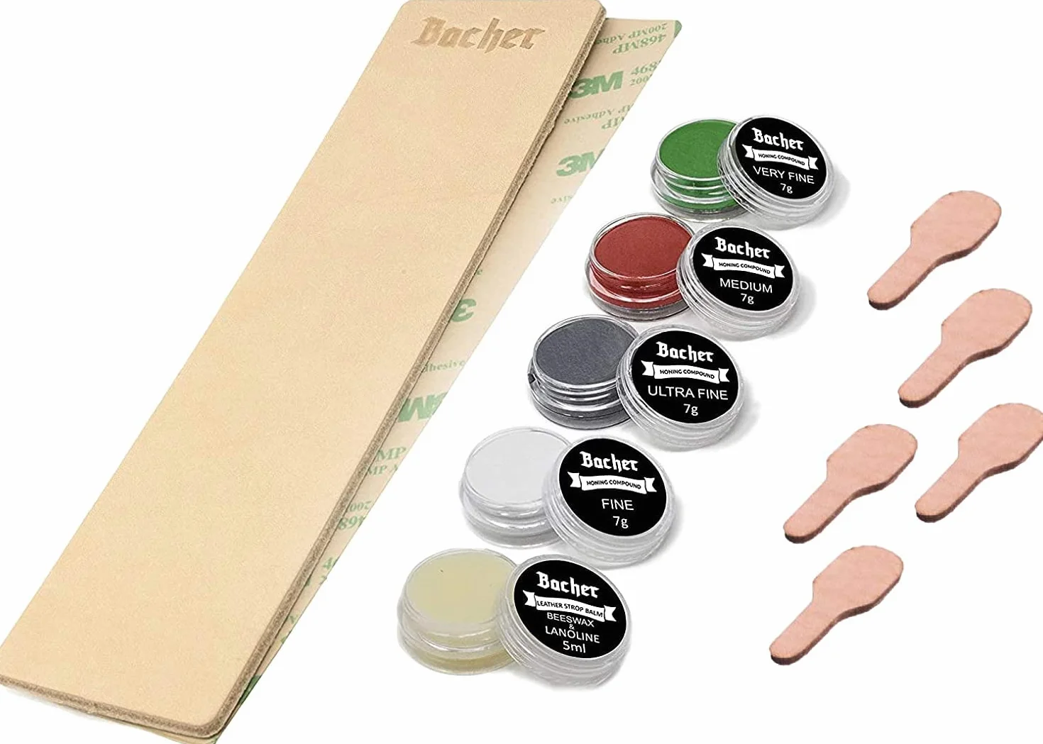 BACHER Zestaw DIY Strop – Skórzany Pas do Ostrzenia Noży z Pastami Polerskimi - 1/8" gruba, garbowana skóra bydlęca (206 mm x 56 mm), taśma klejąca 3M, 4 x 7 g zestaw past polerskich