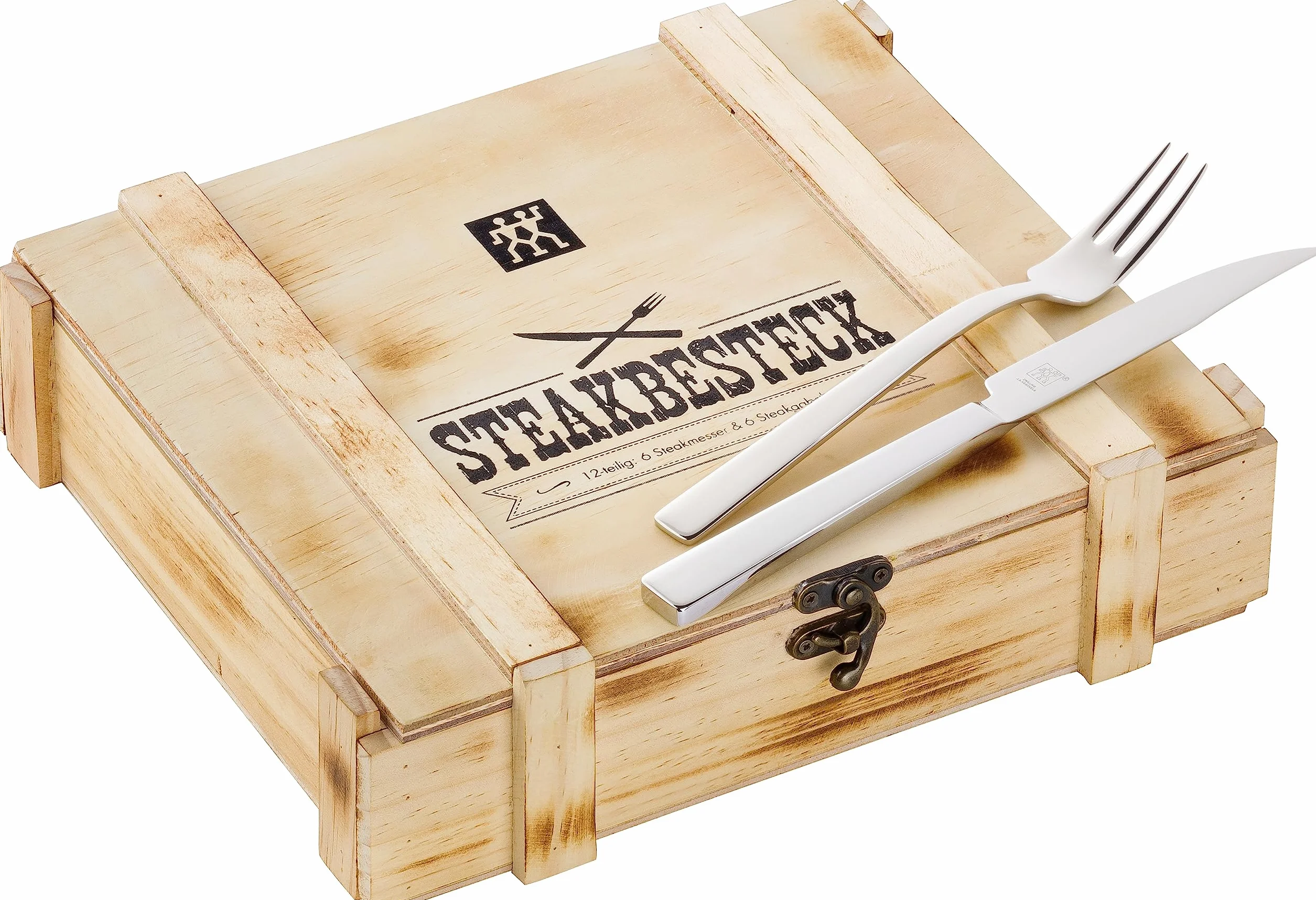 Zwilling Steak Besteck Set, 12-teilig Holz-Box, 6 Steakmesser - 6 Steakgabeln, spülmaschinengeeignet, Poliert 18/10 rostfreierEdelstahl