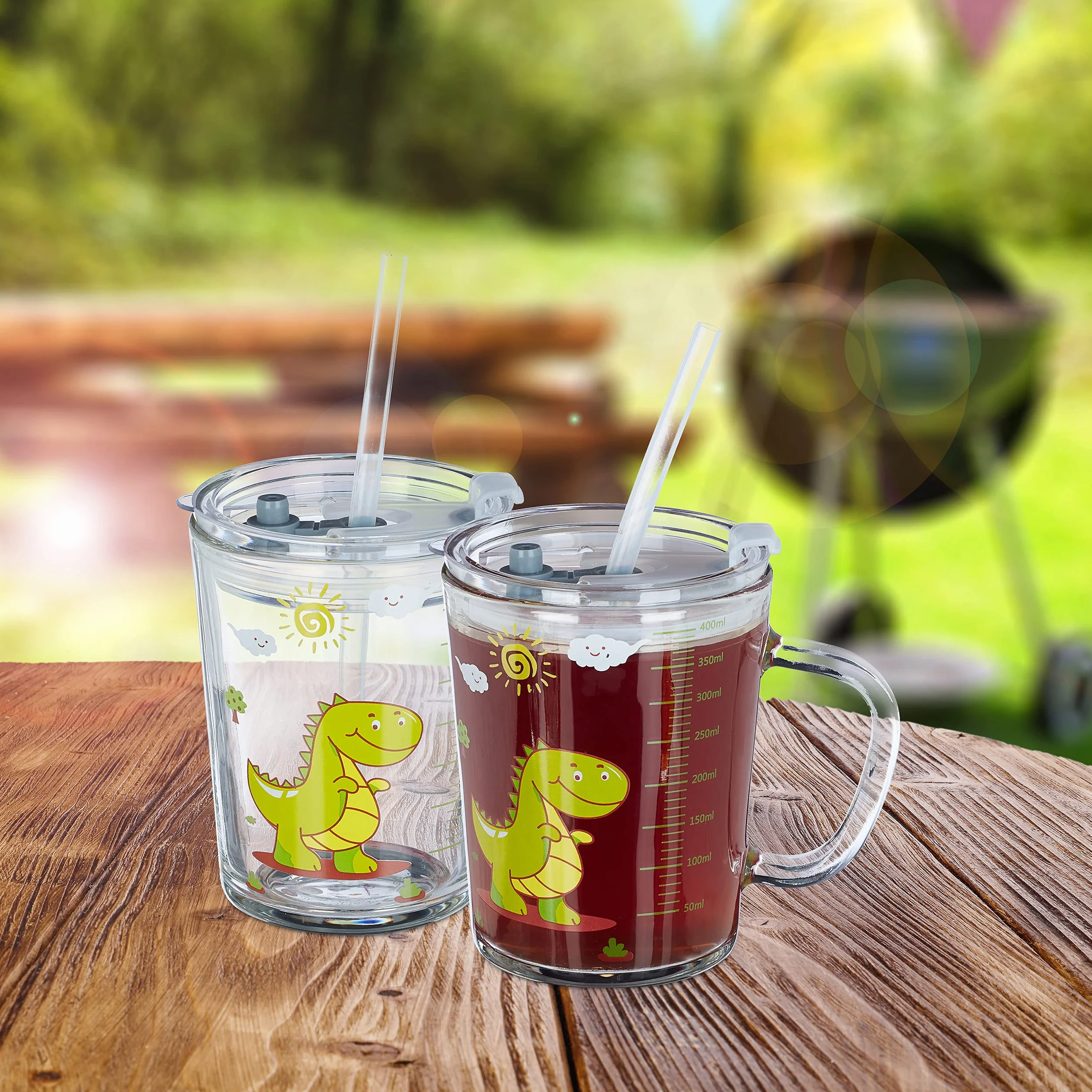 Relaxdays zestaw 2 szklanek ze słomkami, kubki na napoje z uchwytami, motyw dinozaura, 400 ml, ze skalą, przezroczysty
