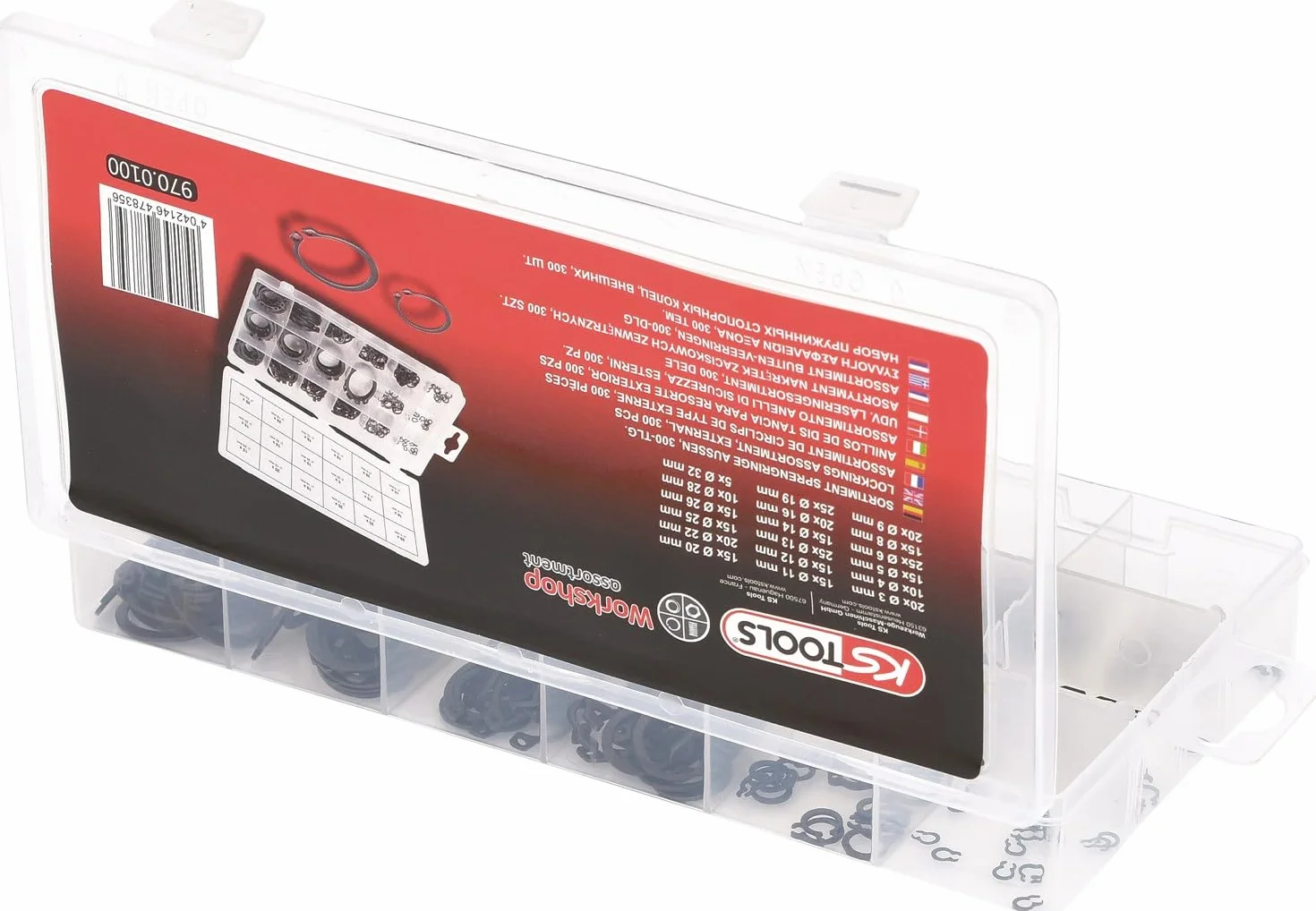 KS Tools 970.0100 Asortyment pierścieni zabezpieczających zewnętrznych, Ø 3-32mm, 300-szt