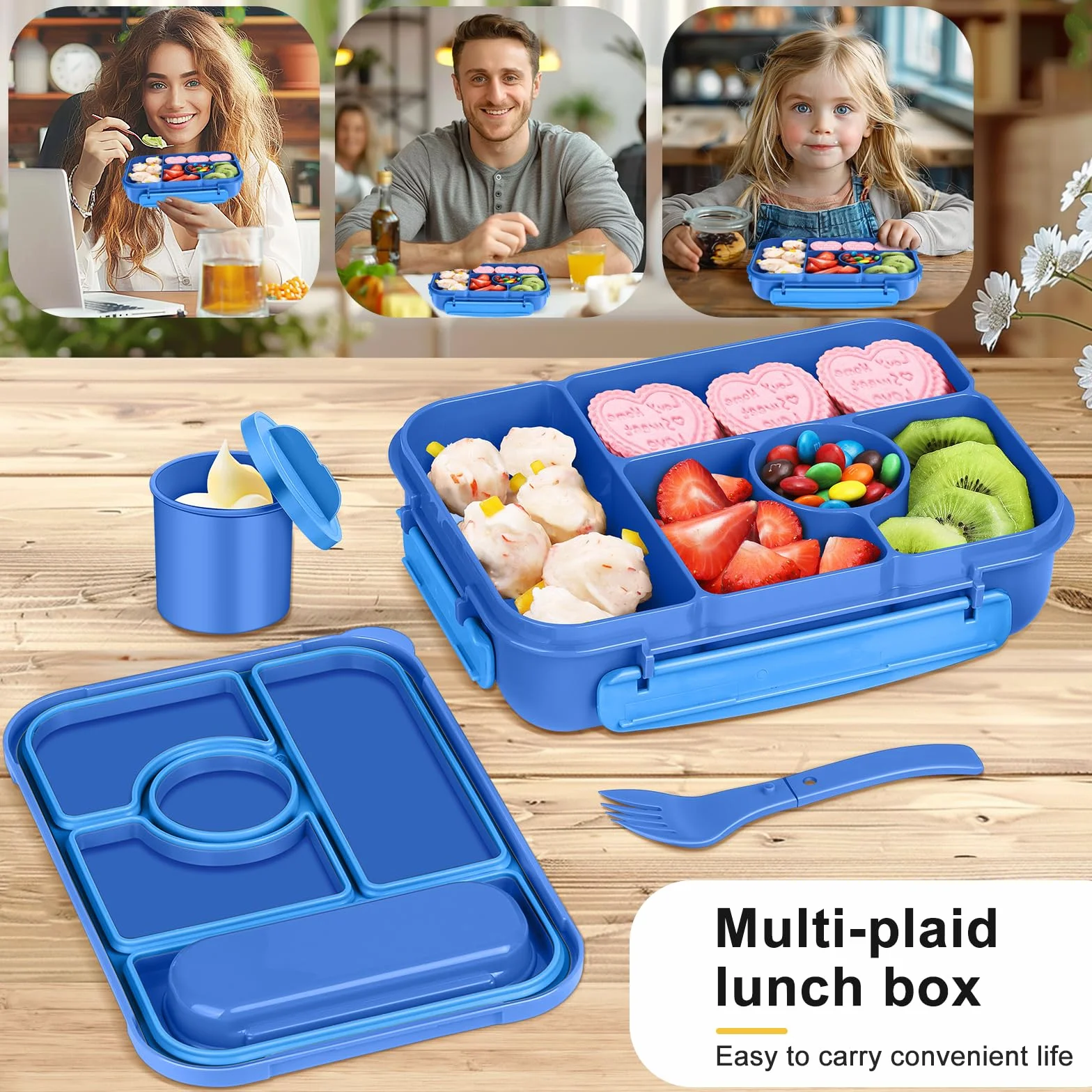 Amathley Bento Lunch Box Dla Dzieci,Pudełko na Lunch Dla Dzieci/Dorosłych,1300ML Szczelne Lunch,ze Pudełko Na Sos i 5 Przegródkami,Nbez BPA, Można Używać w (Ciemnoniebieski)