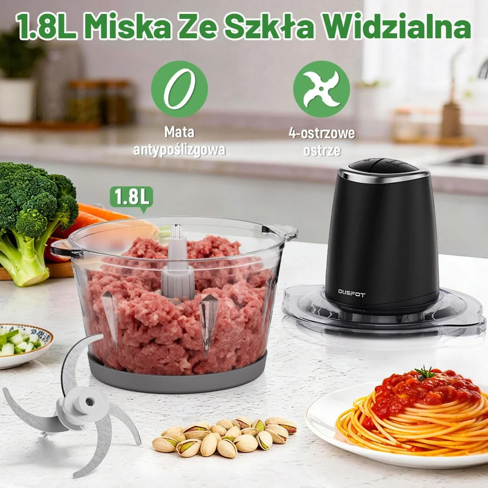 OUSFOT Elektryczny Siekacz do Zywności, 1,8L blender,500W Siekacz,Mini Elektryczny ze Szklaną Miską do Warzyw,Owoców,Mięsa,Kuchni