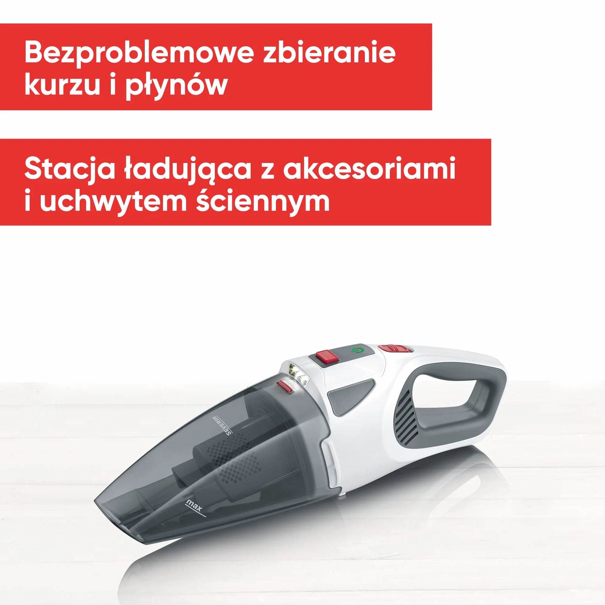 SEVERIN Bezprzewodowy odkurzacz ręczny 4w1, bezprzewodowy ręczny odkurzacz do samochodu, sierści zwierząt i płynów, czas pracy do 30 minut, obrotowa turboszczotka, biało-szary/czerwony, HV 7146