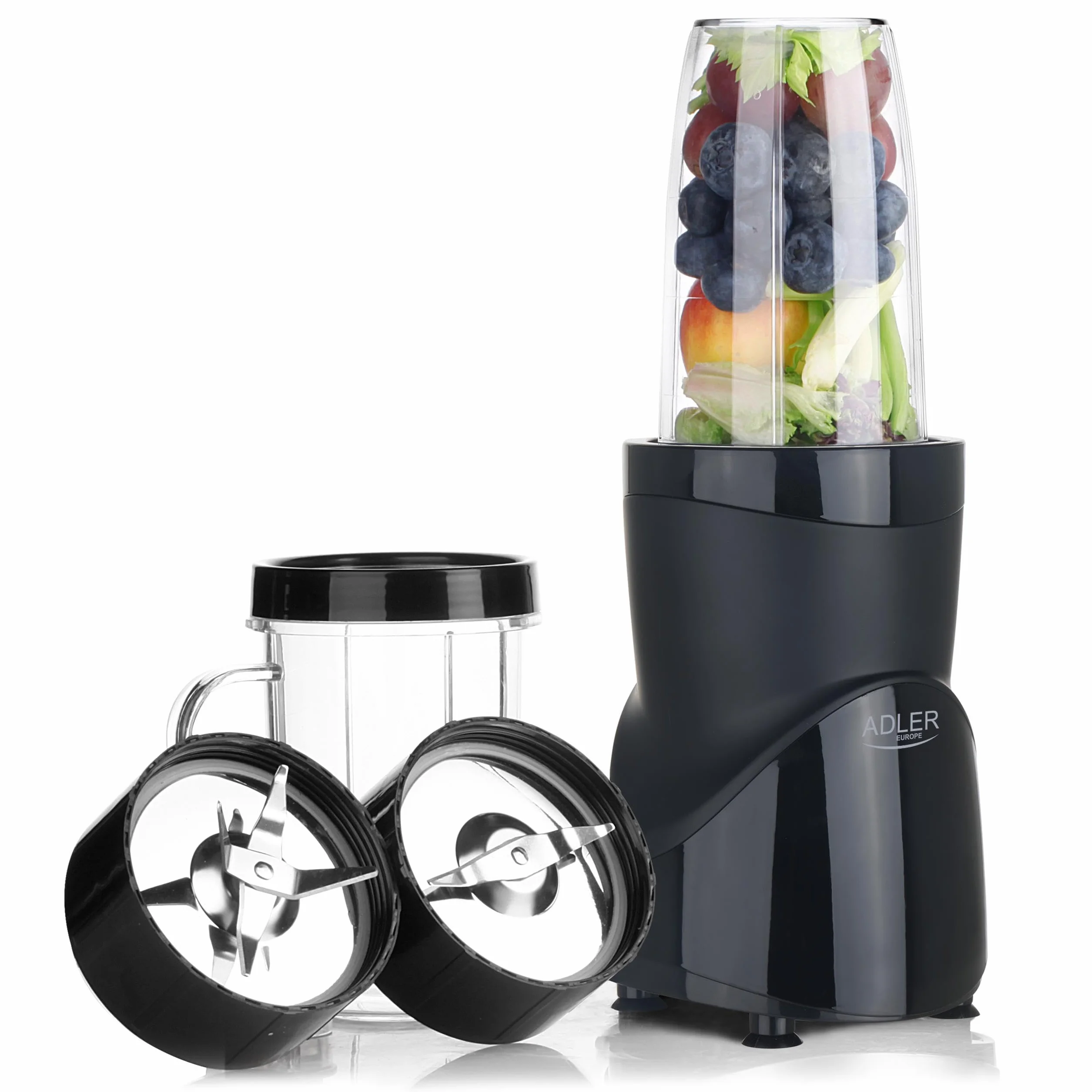 ADLER EUROPE Blender kielichowy, blender do smoothie i do koktajli, mikser personalny, kruszy lód, 1200W, wolne od BPA, 3 bidony i kubek, ostrza ze stali nierdzewnej z 4 nożami i z 2 nożami