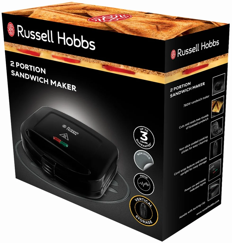 Russell Hobbs opiekacz do kanapek, nieprzywierająca powłoka, możliwość wyjęcia płytek, 2 kanapki, przechowywanie w pozycji pionowej, 700W, czarny, Sandwich Maker Classics 24520-56
