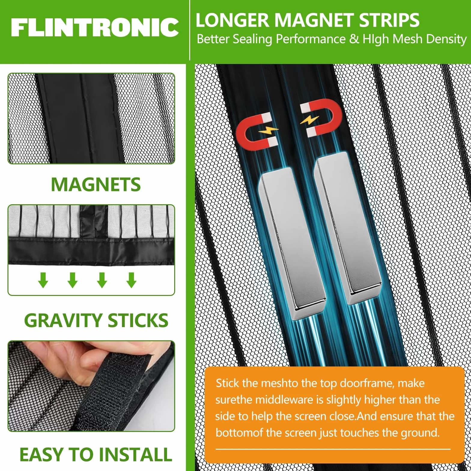 Flintronic magnetyczna moskitiera do drzwi i okien z taśmą samoprzylepną do montażu bez wiercenia, łatwy montaż do drzwi balkonowych czy tarasowych, wymiary 80 x 200 cm