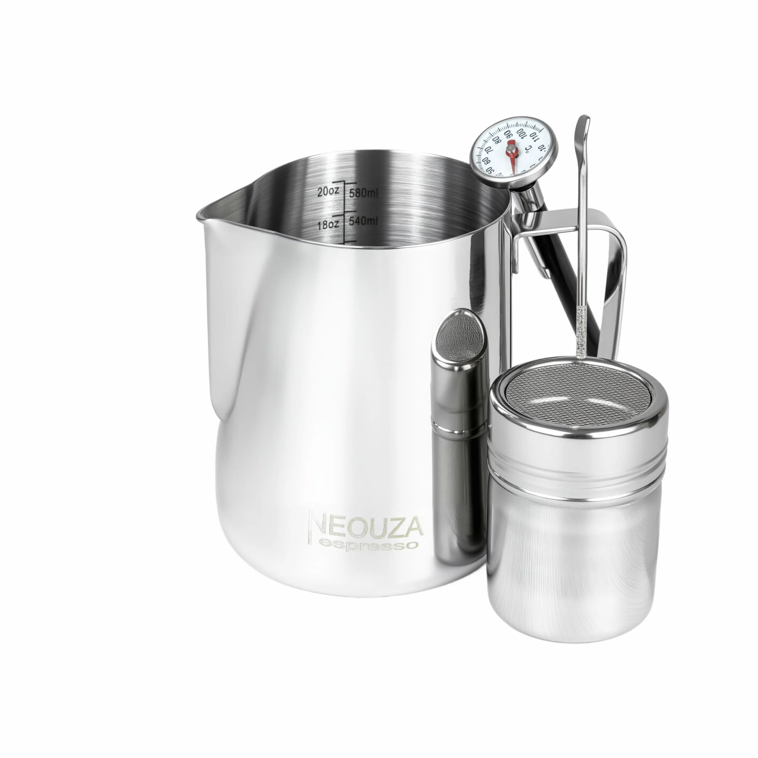 NEOUZA Dzbanek do spieniania mleka, 350 ml, dzbanek do gotowania na parze + zbiornik na proszek, igła i termometr do ekspresu do kawy