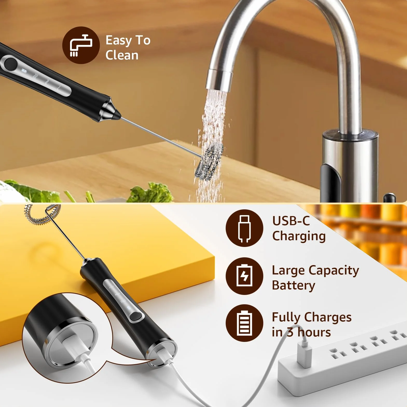 NEUTYPECHIC Elektryczny spieniacz do mleka, ładowany USB-C, z 3 prędkościami, zdejmowane, 3 głowice do spieniacza do kawy/latte/cappuccino/kremu/koktajli