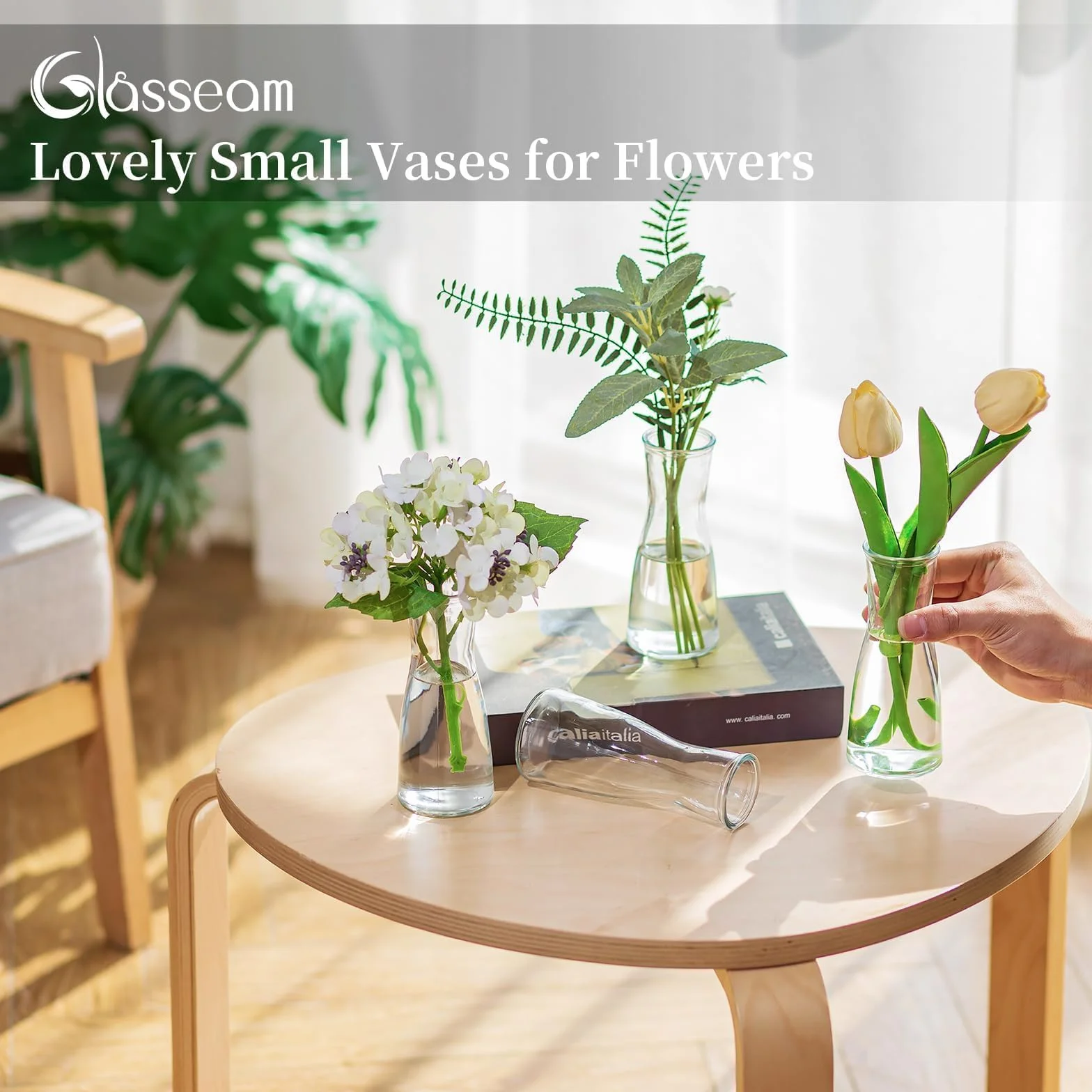 Glasseam Mały wazon na kwiaty, nowoczesny zestaw wazonów na pąki 6 sztuk, uroczy przezroczysty szklany wazon na ślub, centralny element stołu jadalnego, dekoracyjny wazon, minimalistyczne wazony na