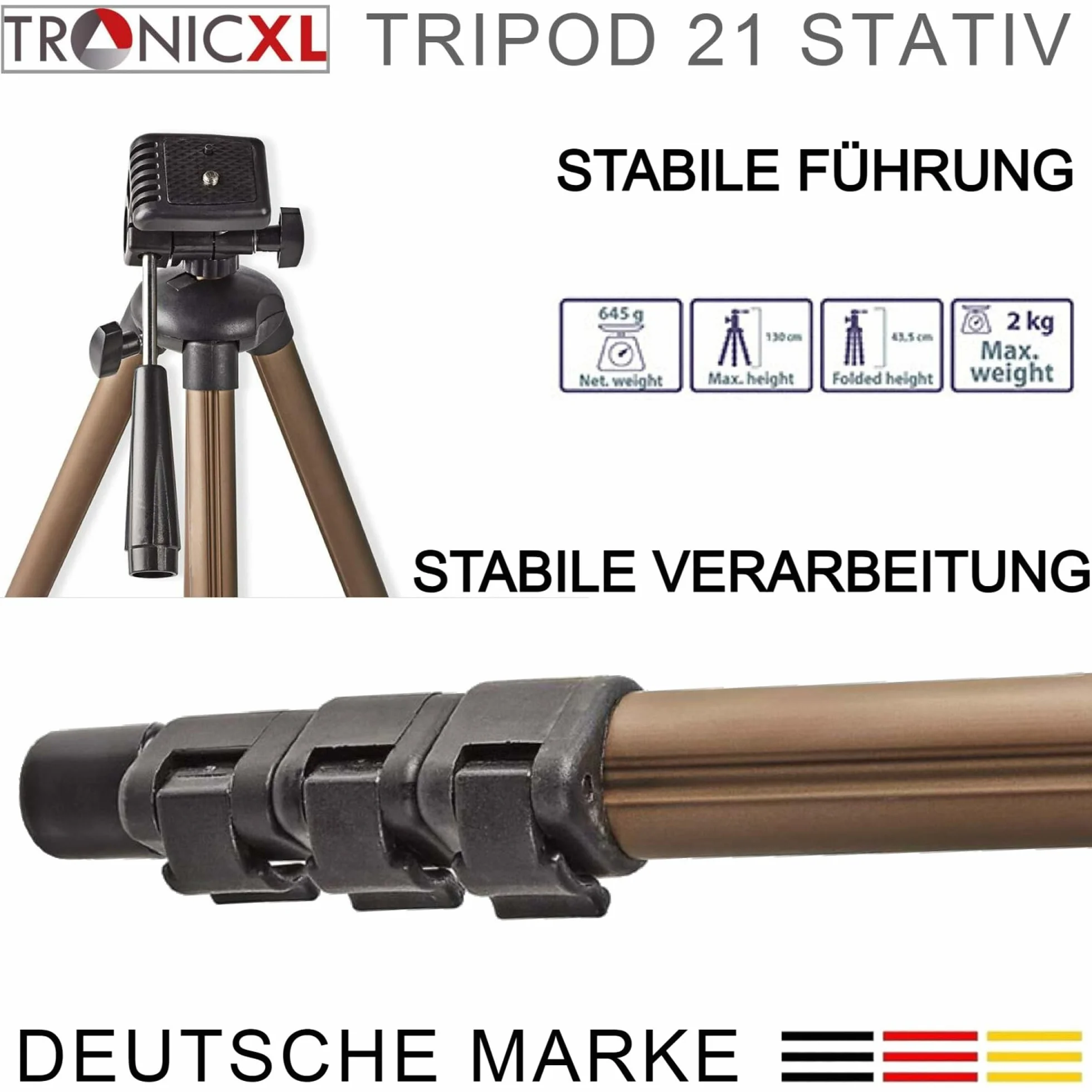 TronicXL Statyw budowlany 1,30 m do laserowego niwelatora, lasera krzyżowego, Einhell Bosch Dewalt Makita Flex Leica Stanley Meterk Tacklife Huepar Firecore Skil 1/4 cala 3/8 tripod