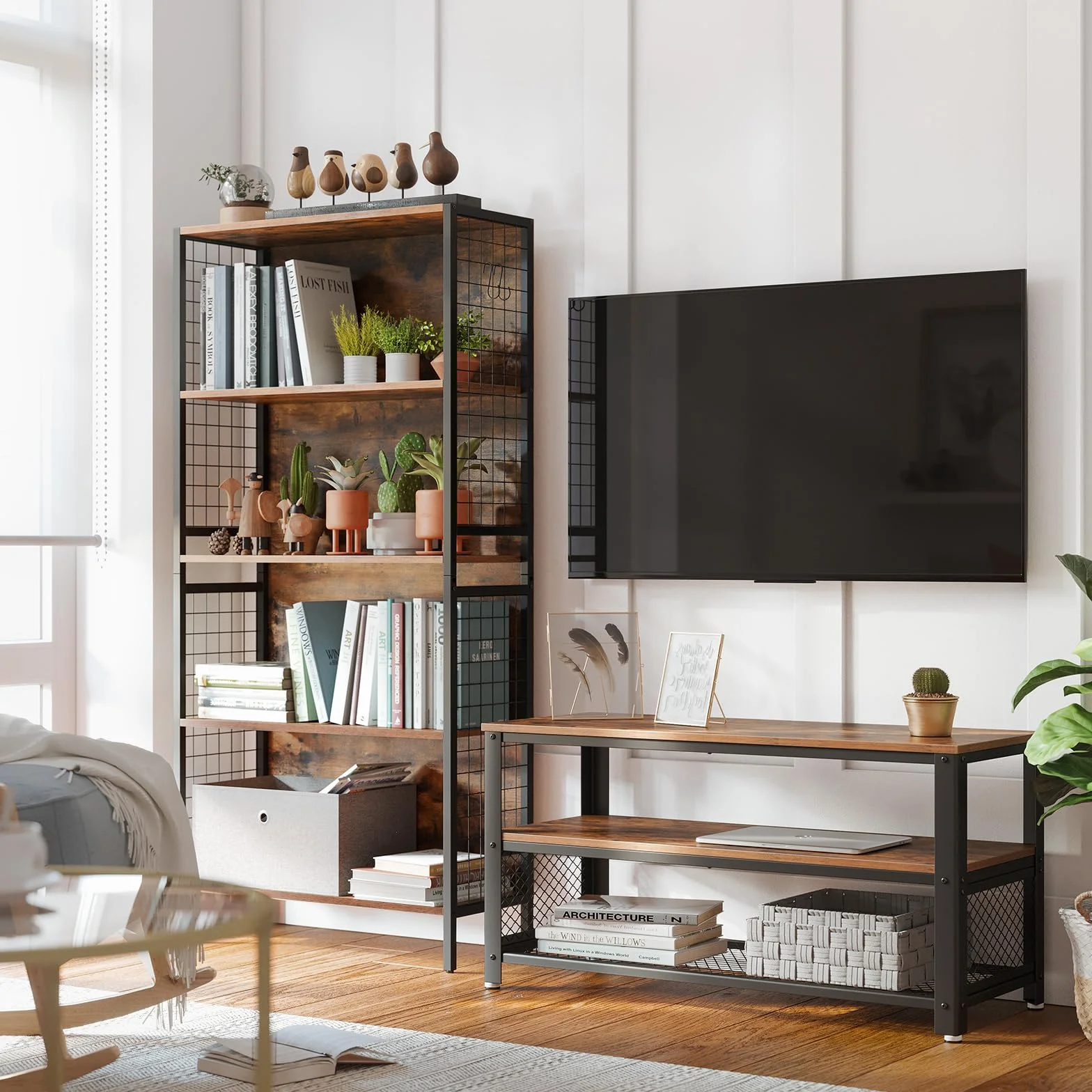 VASAGLE Regał na książki, 5-poziomowy regał na książki, regał z 4 haczykami, 30 x 74 x 154 cm, do biura, gabinetu, salonu, sypialni, rustykalny brąz i czarny atrament LBC023B01